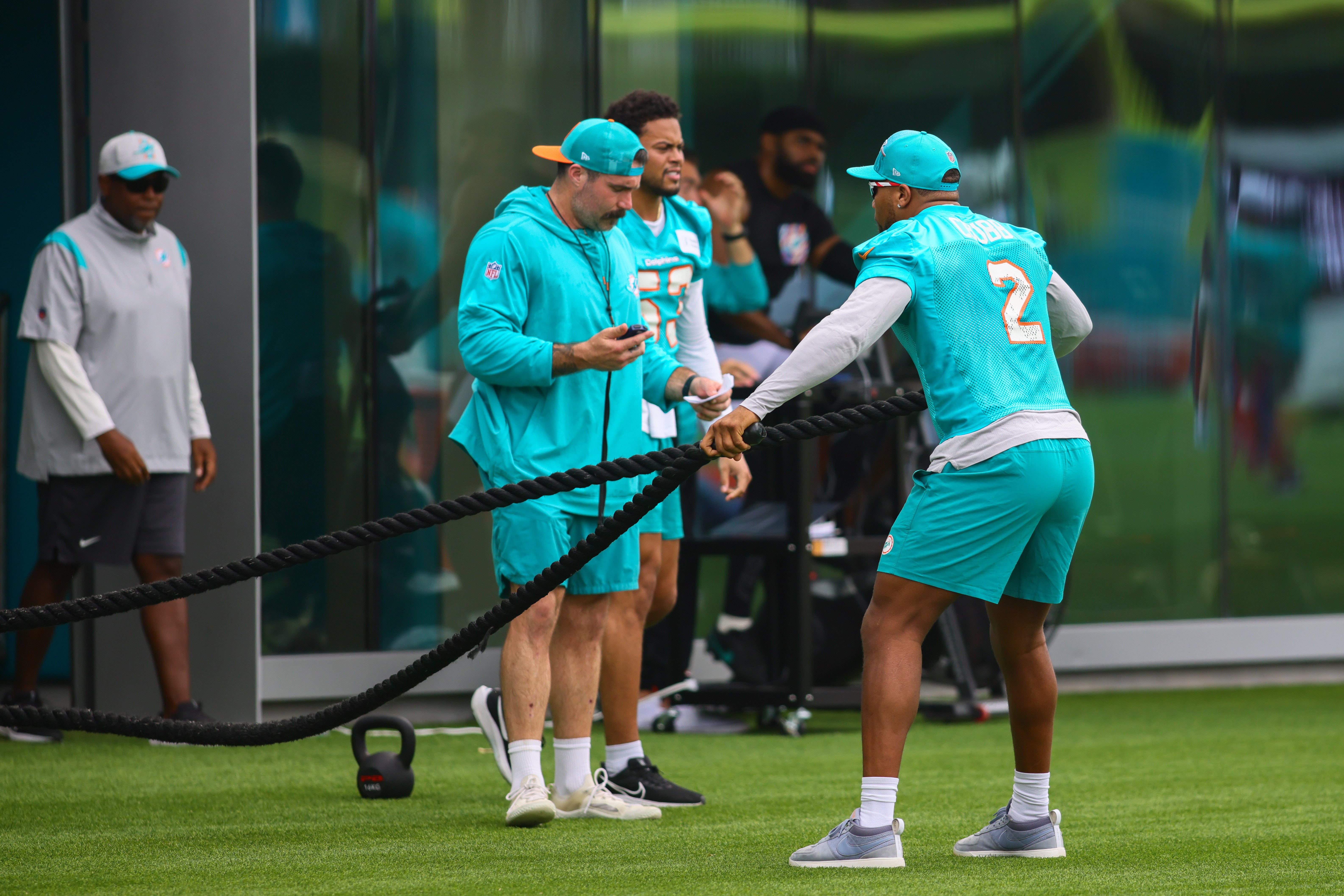 Jul 24, 2024; Miami Gardens, FL, USA; Miami Dolphins linebacker Bradley Chubb (2) works out during training camp at Baptist Health Training Complex.