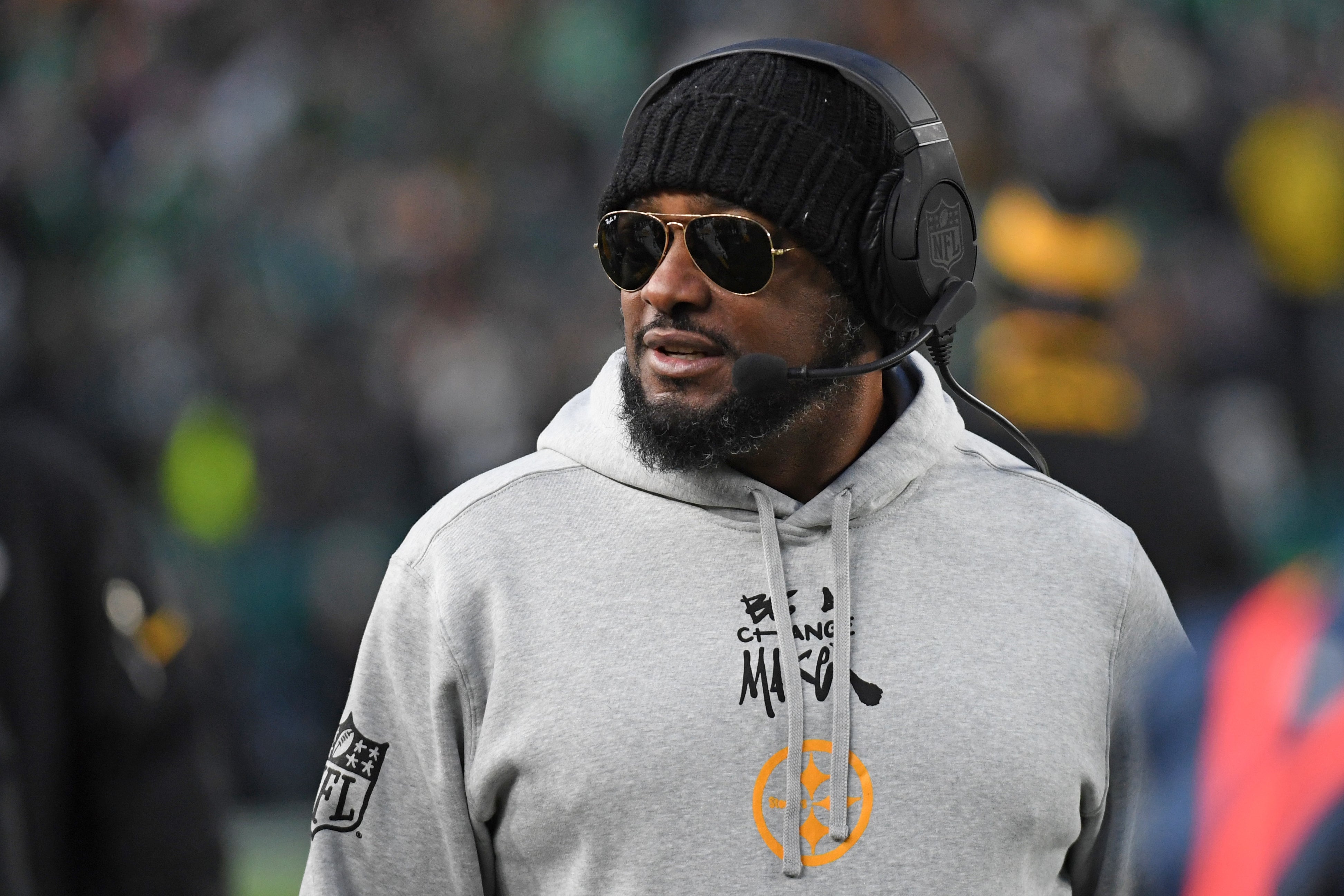 Dec 15, 2024; Philadelphia, Pennsylvania, USA; Pittsburgh Steelers head coach Mike Tomlin on the sidelines against the Philadelphia Eagles at Lincoln Financial Field.