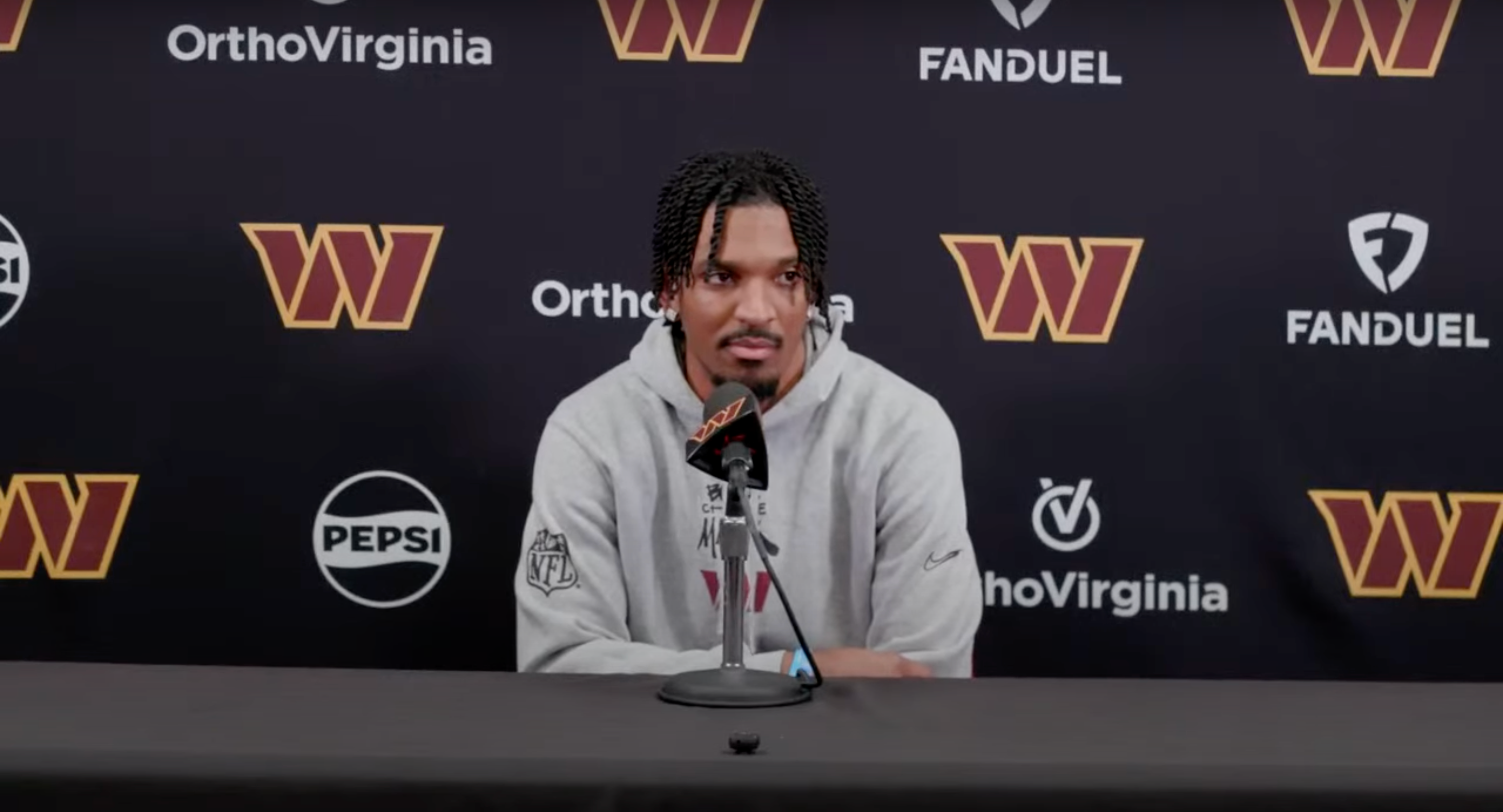 Jayden Daniels speaks to the media ahead of the Commanders' game against the Falcons.