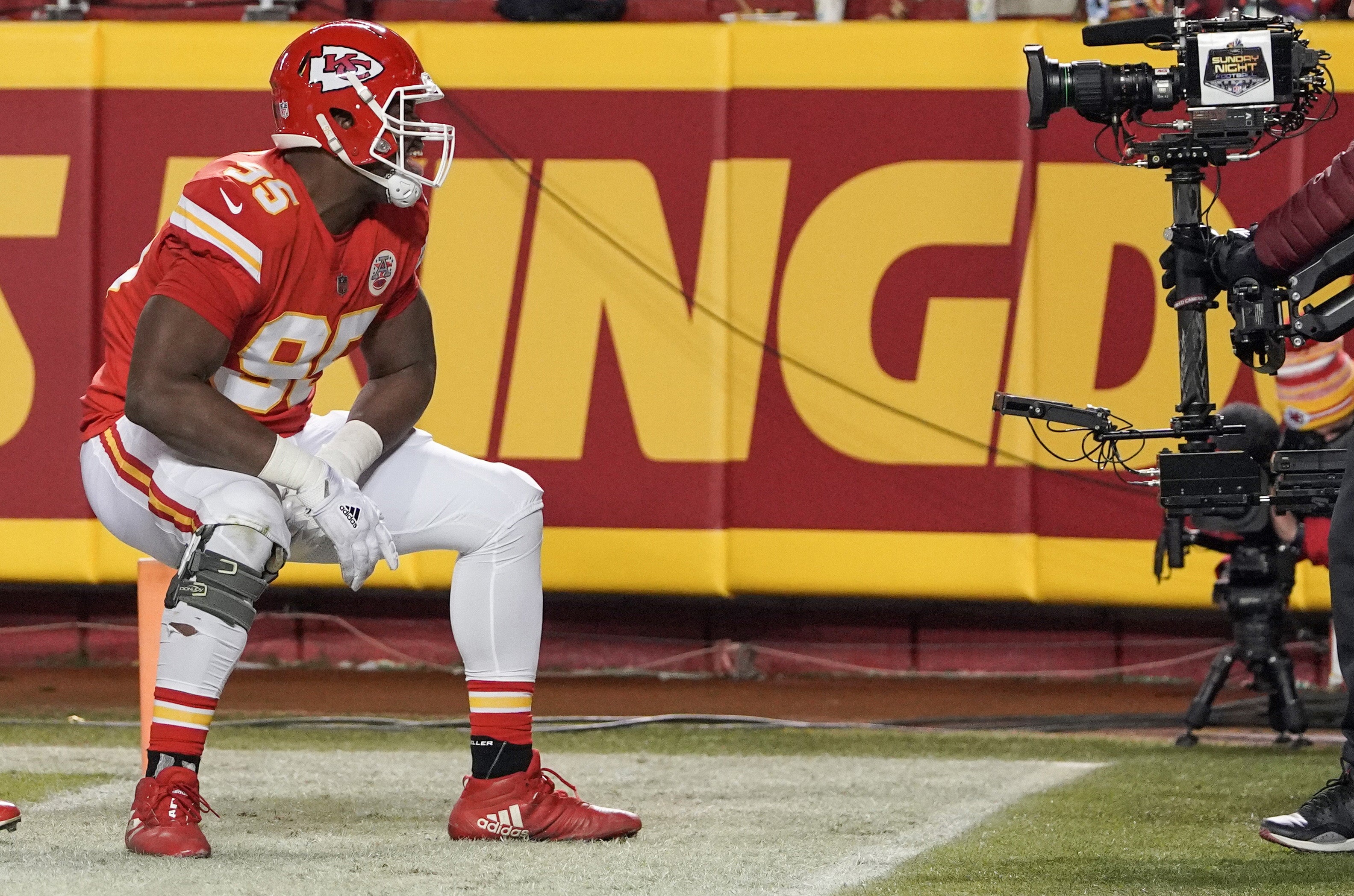 Jan 16, 2022; Kansas City, Missouri, USA; Kansas City Chiefs defensive end Chris Jones (95) celebrates toward the camera after a play against the Pittsburgh Steelers in an AFC Wild Card playoff football game at GEHA Field at Arrowhead Stadium.