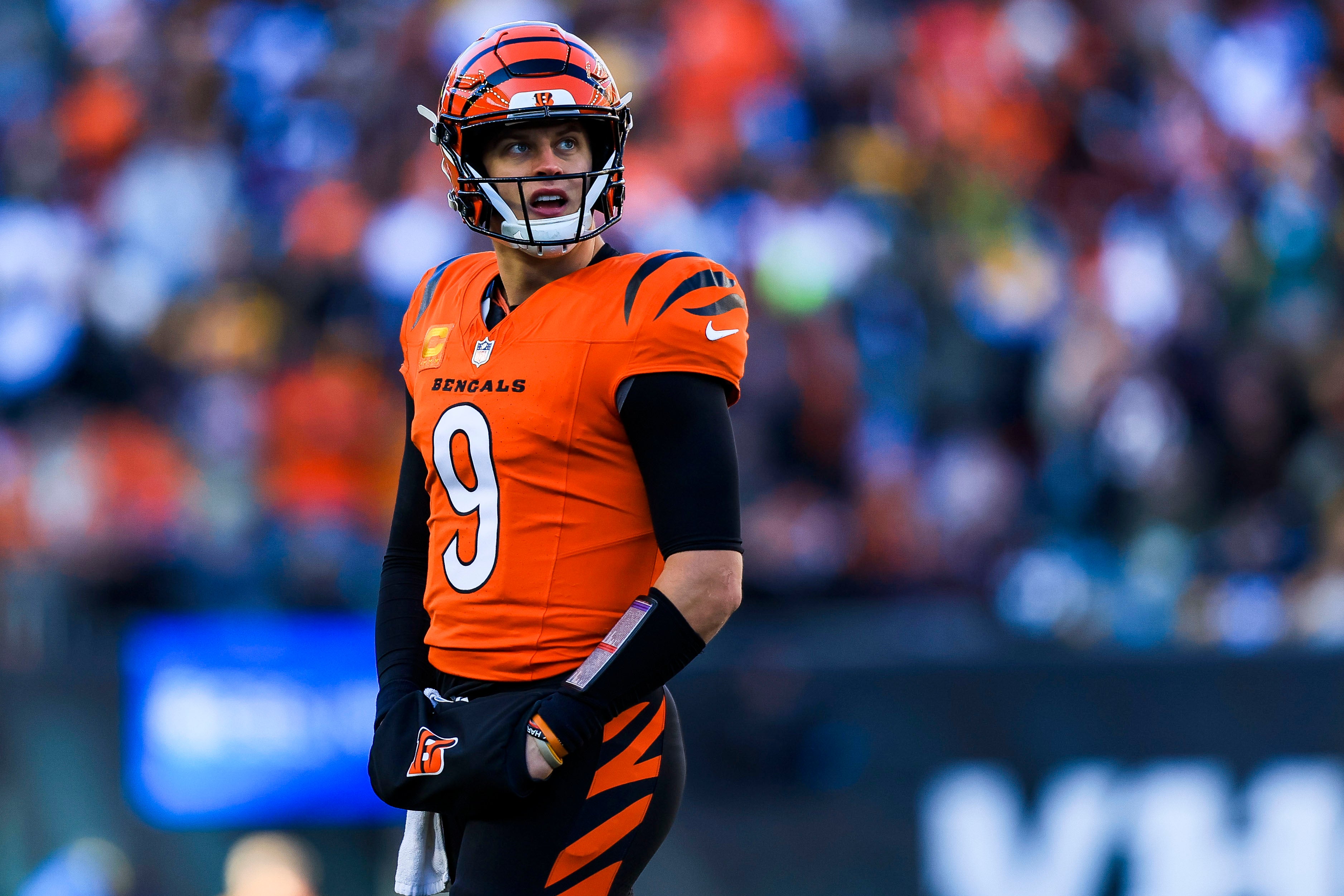 Dec 1, 2024; Cincinnati, Ohio, USA; Cincinnati Bengals quarterback Joe Burrow (9) reacts after a penalty called in the first half against the Pittsburgh Steelers at Paycor Stadium.