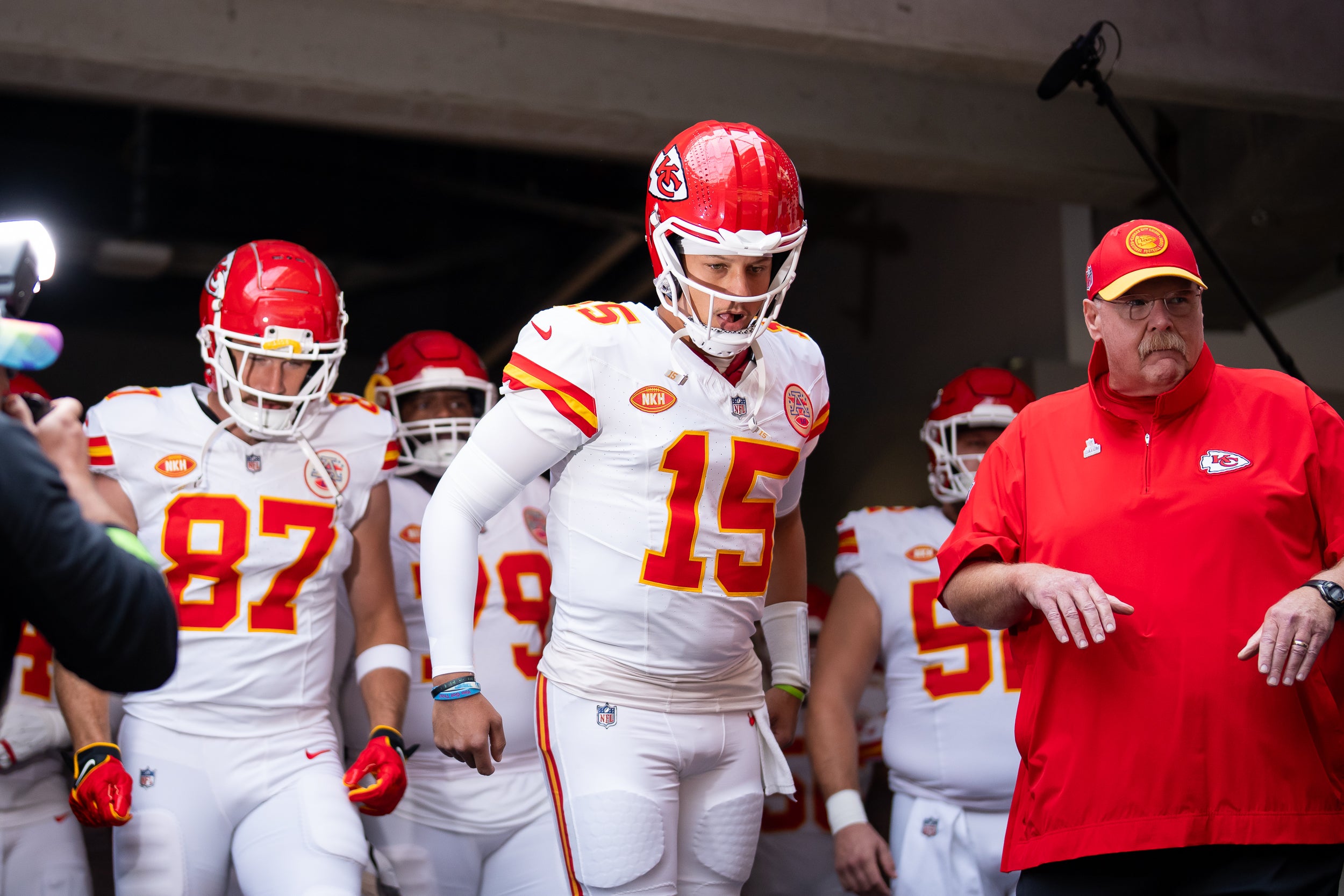 Oct 8, 2023; Minneapolis, Minnesota, USA; Kansas City Chiefs quarterback Patrick Mahomes (15) takes the field before the game against the Minnesota Vikings quarter at U.S. Bank Stadium.