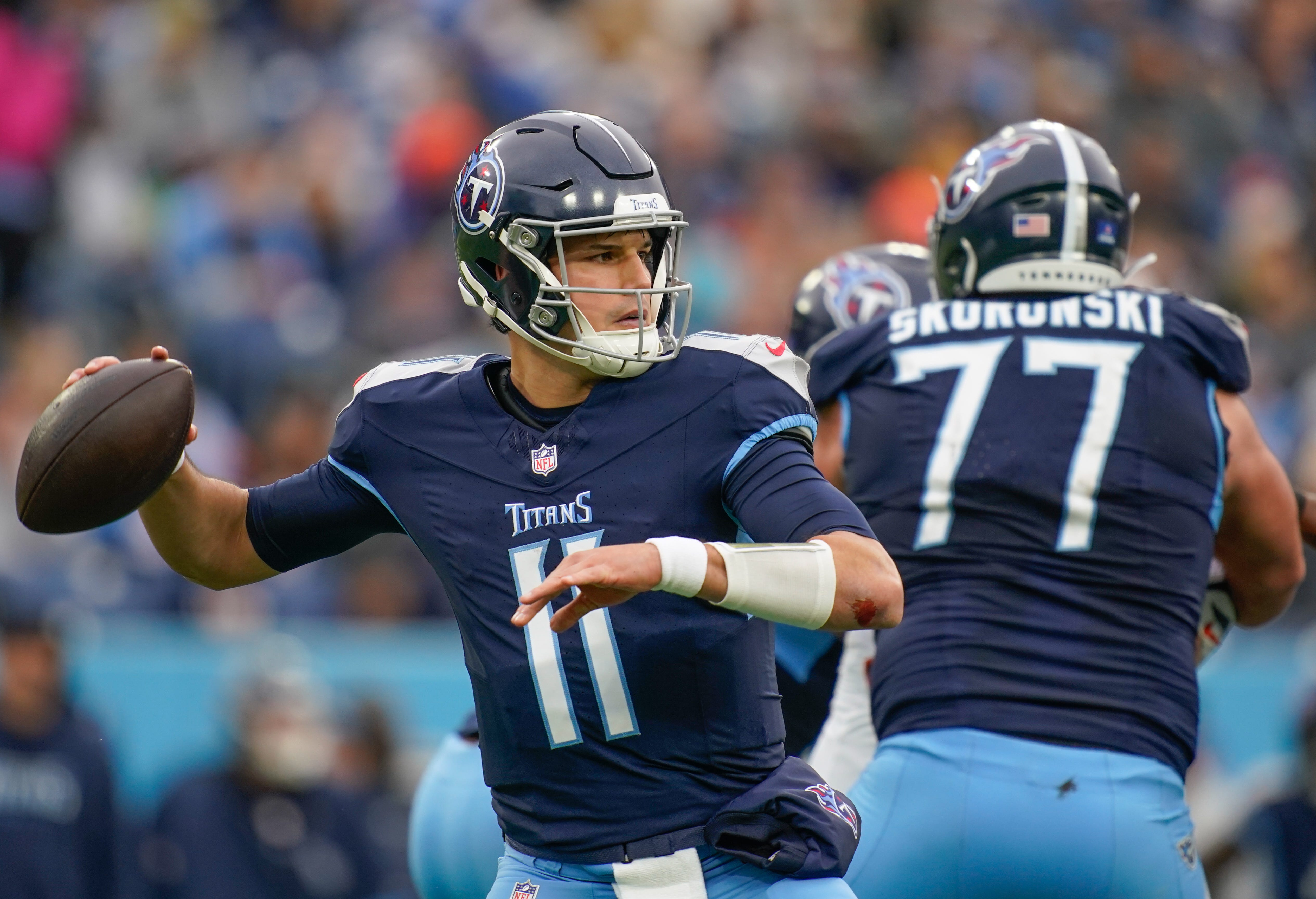 Tennessee Titans quarterback Mason Rudolph (11) looks for a receiver during the third quarter against the Cincinnati Bengals at Nissan Stadium in Nashville, Tenn., Sunday, Dec. 15, 2024 Andrew Nelles / The Tennessean-USA TODAY NETWORK via Imagn Images