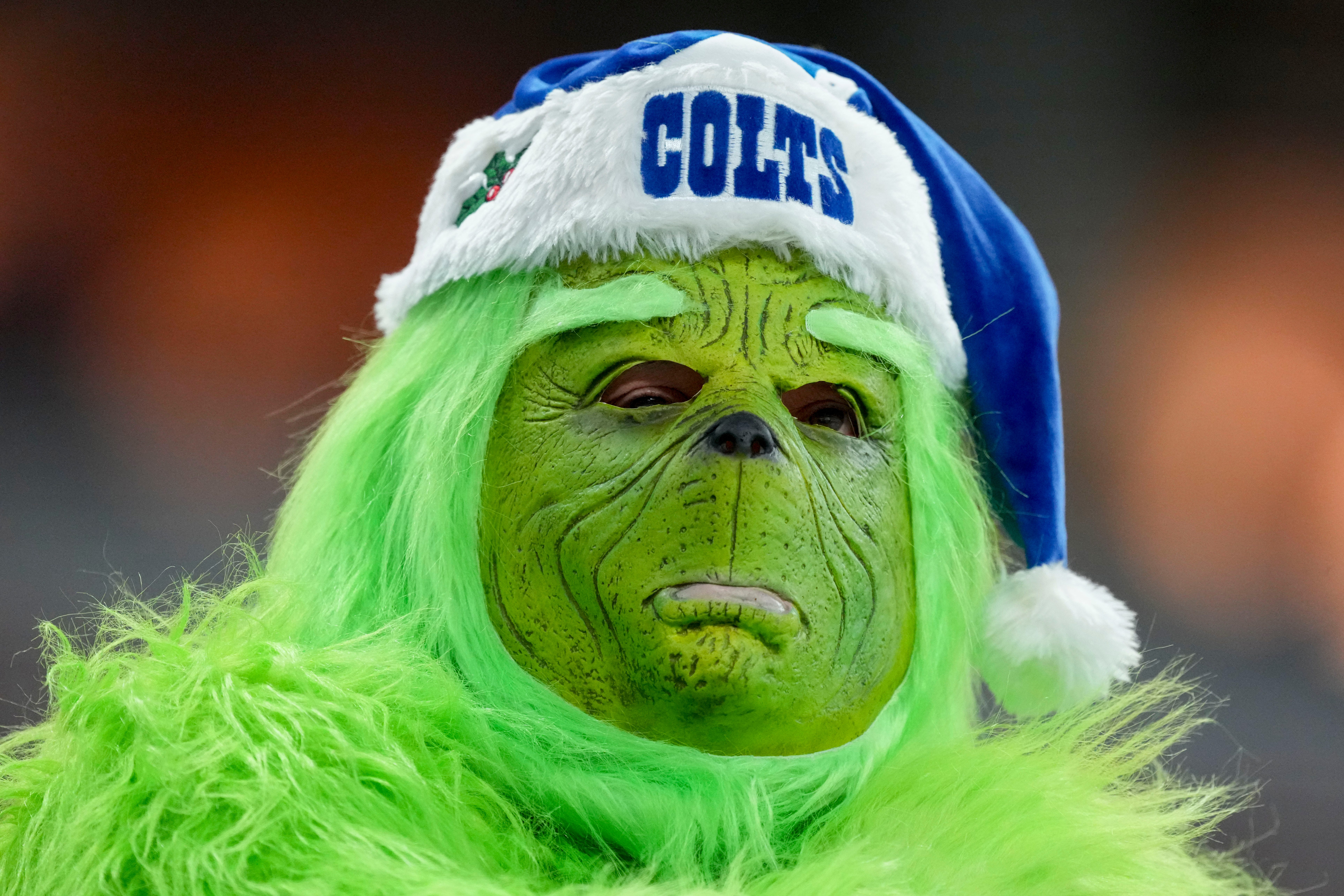 An Indianapolis Colts fan wears a Grinch outfit in the stands Sunday, Dec. 22, 2024, during a game against the Tennessee Titans at Lucas Oil Stadium in Indianapolis.