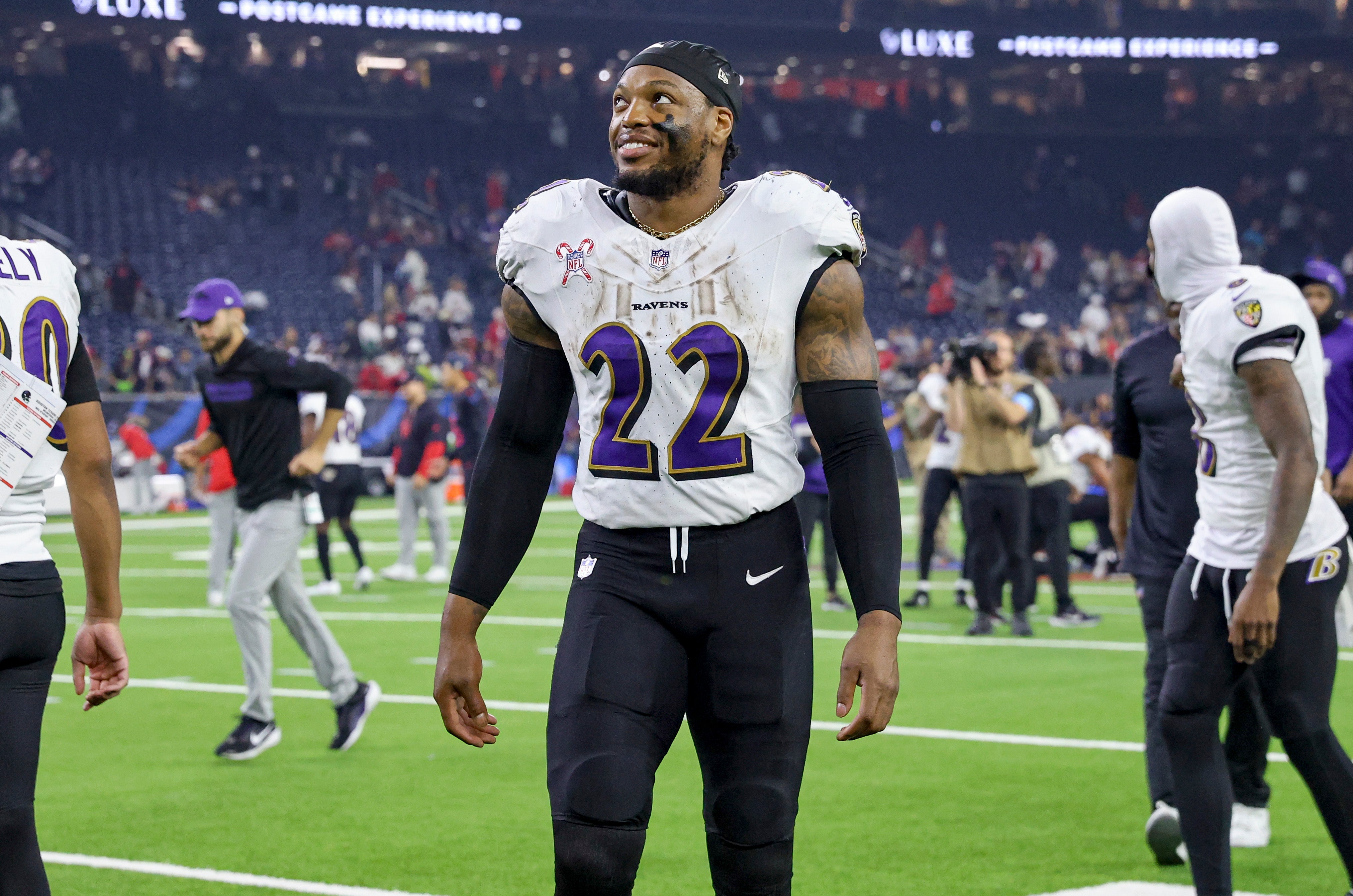 Dec 25, 2024; Houston, Texas, USA; Baltimore Ravens running back Derrick Henry (22) smiles after the game against the Houston Texans at NRG Stadium. Mandatory Credit: Troy Taormina-Imagn Images