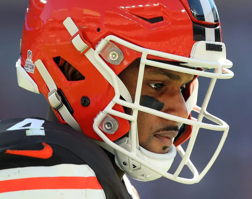 Cleveland Browns quarterback Deshaun Watson heads to the sideline during the first half against the Cincinnati Bengals on Sunday, Oct. 20, 2024, in Cleveland, Ohio