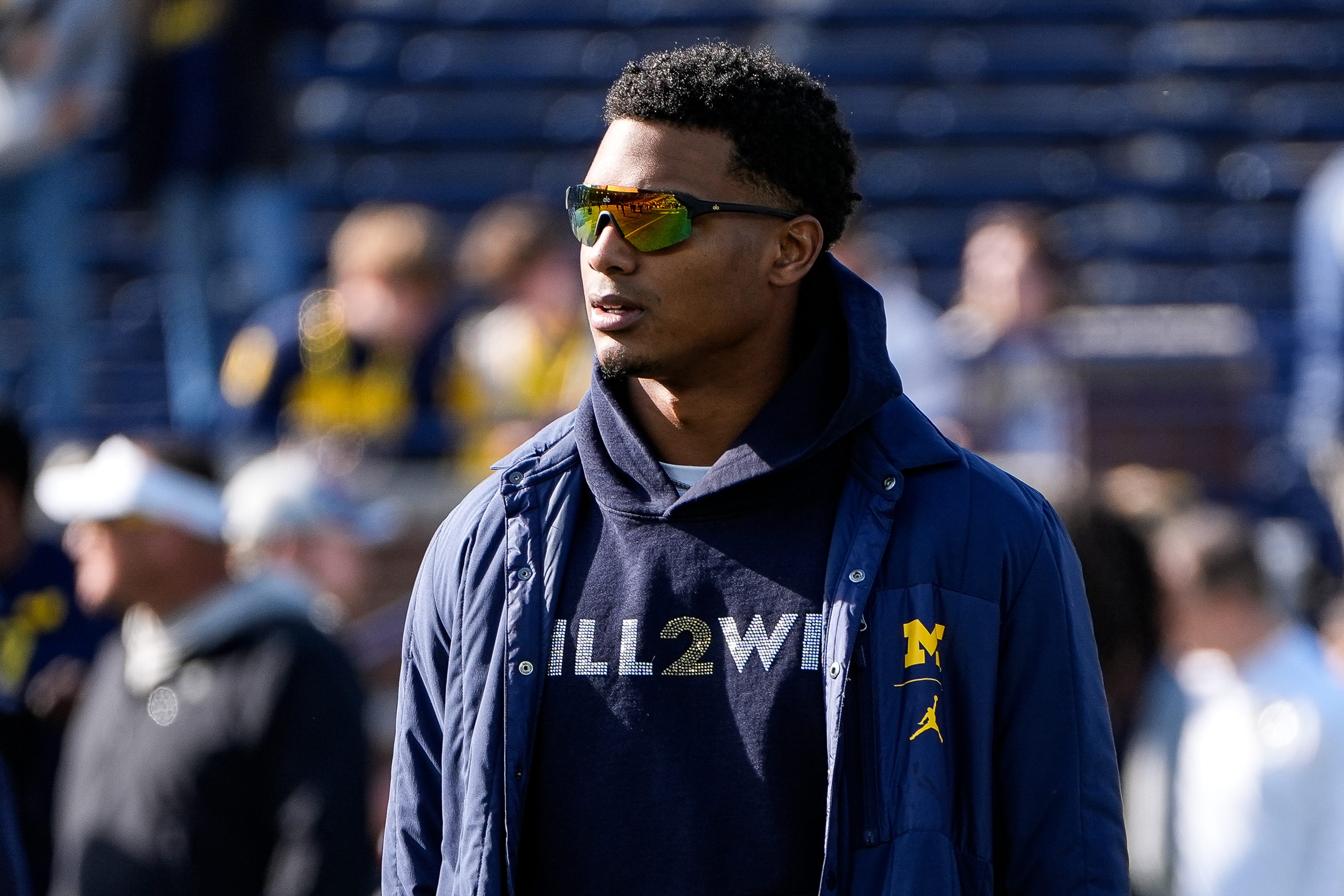 Michigan defensive back Will Johnson (2) watches warm up before the Oregon game at Michigan Stadium in Ann Arbor on Saturday, Nov. 2, 2024.