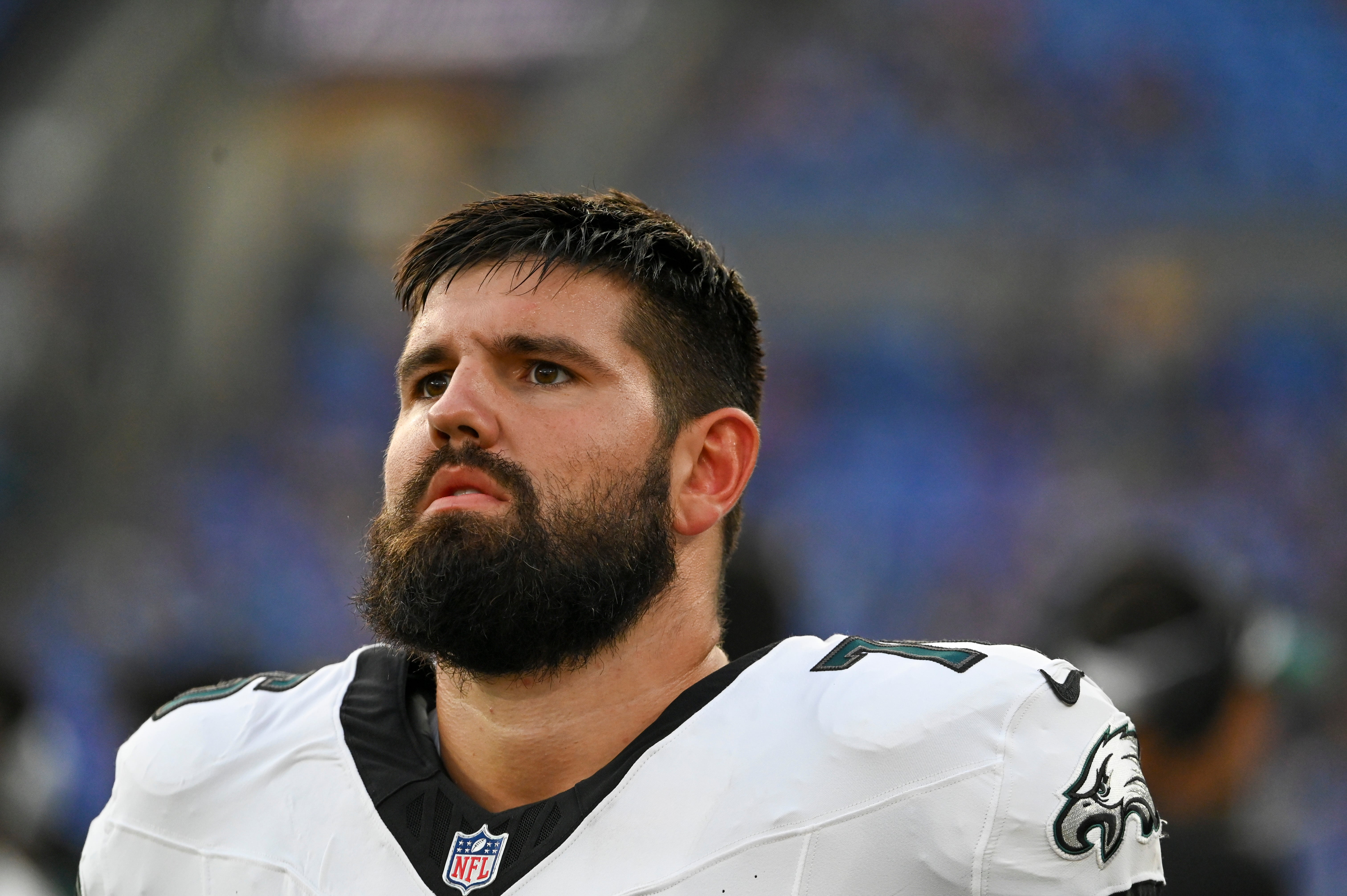 Philadelphia Eagles center Matt Hennessy (76) stands on the sidelines during the first half of a preseason game against the Baltimore Ravens at M&T Bank Stadium. Mandatory Credit: