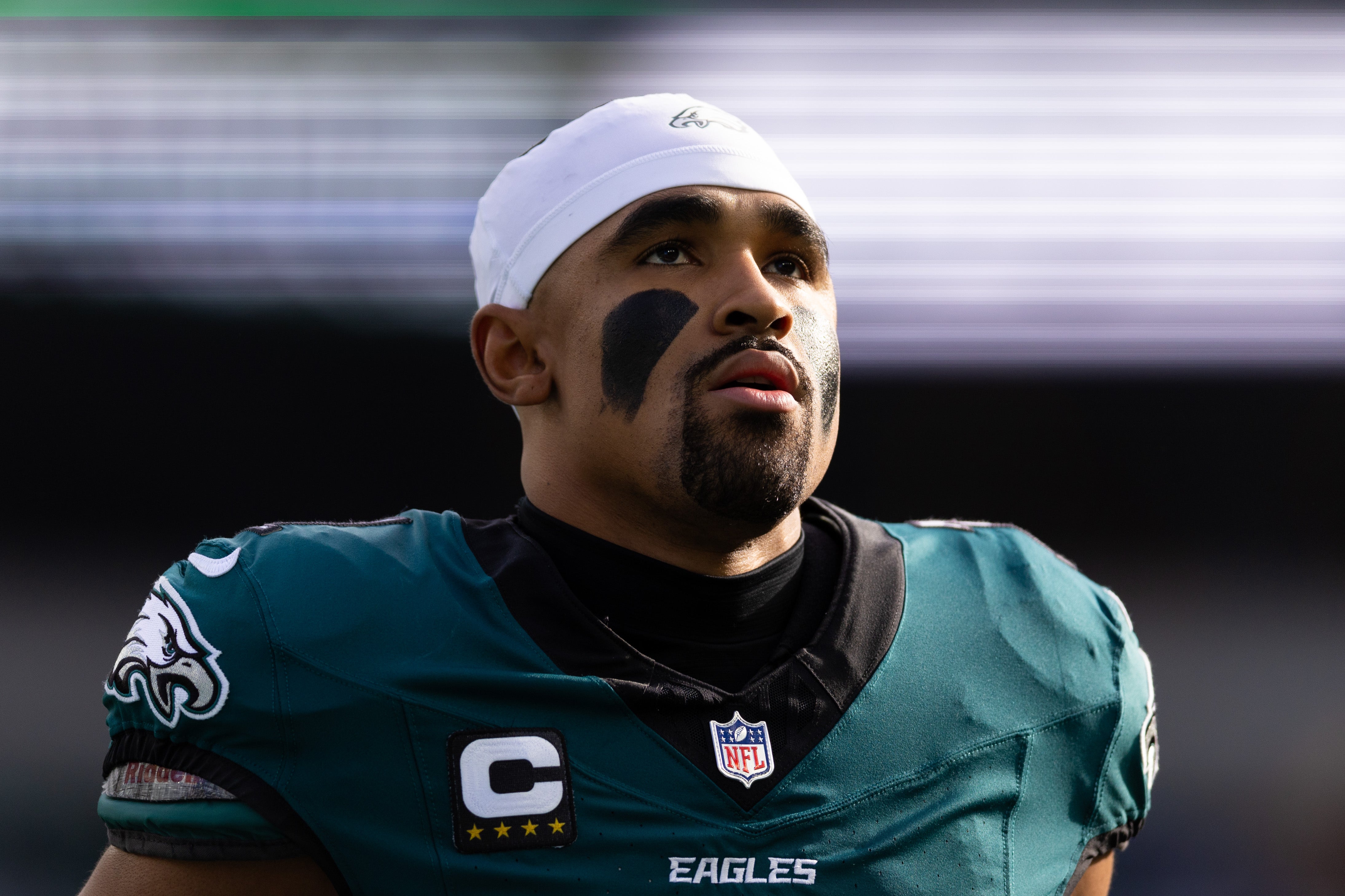 Dec 8, 2024; Philadelphia, Pennsylvania, USA; Philadelphia Eagles quarterback Jalen Hurts (1) takes the field for action against the Carolina Panthers at Lincoln Financial Field.