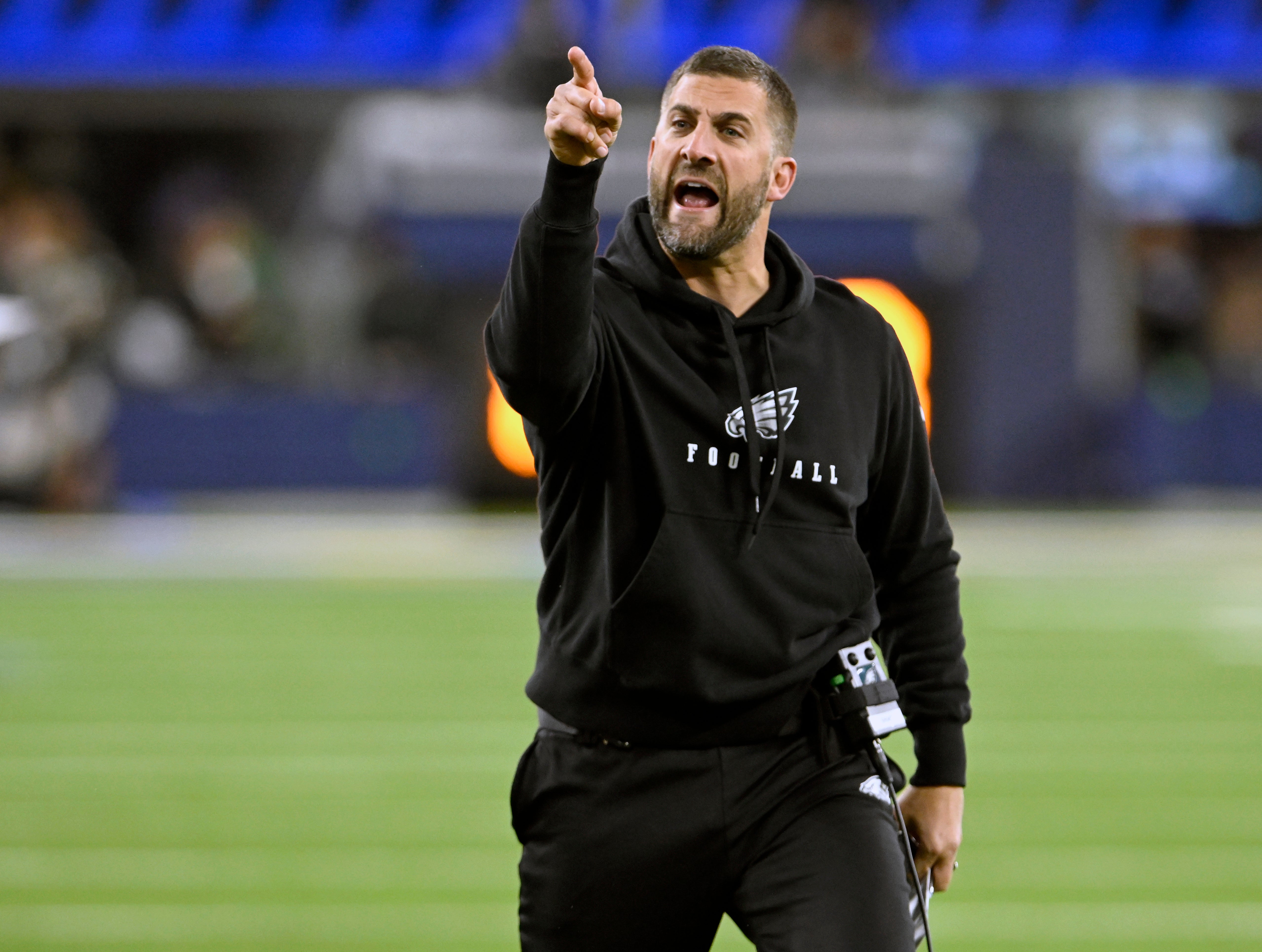 Nov 24, 2024; Inglewood, California, USA; Philadelphia Eagles head coach Nick Sirianni reacts on the sidelines during the first half against the Los Angeles Rams at SoFi Stadium.