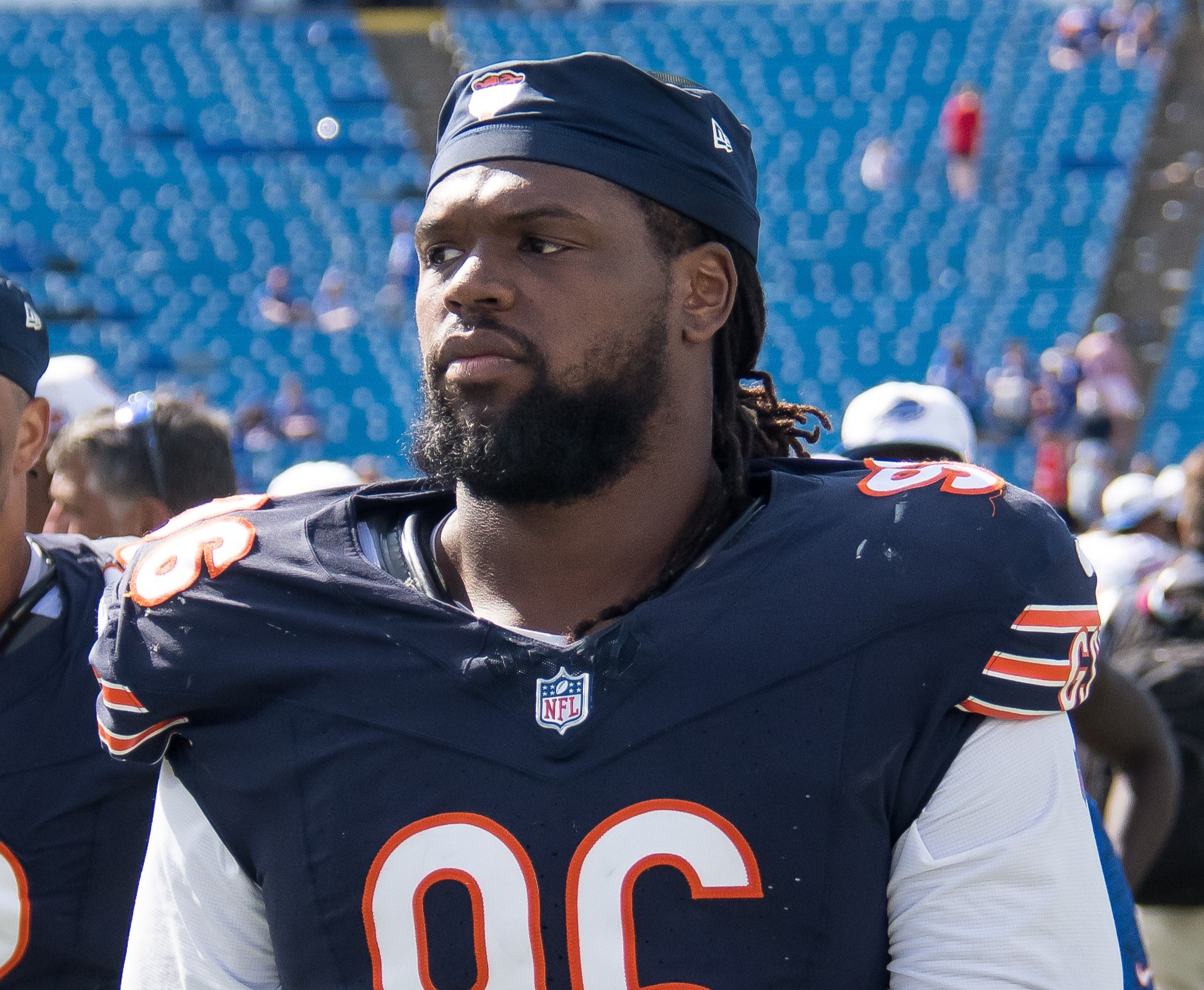 Aug 10, 2024; Orchard Park, New York, USA; Chicago Bears defensive tackle Zacch Pickens (96) leaves the field after a pre-season game against the Buffalo Bills at Highmark Stadium.