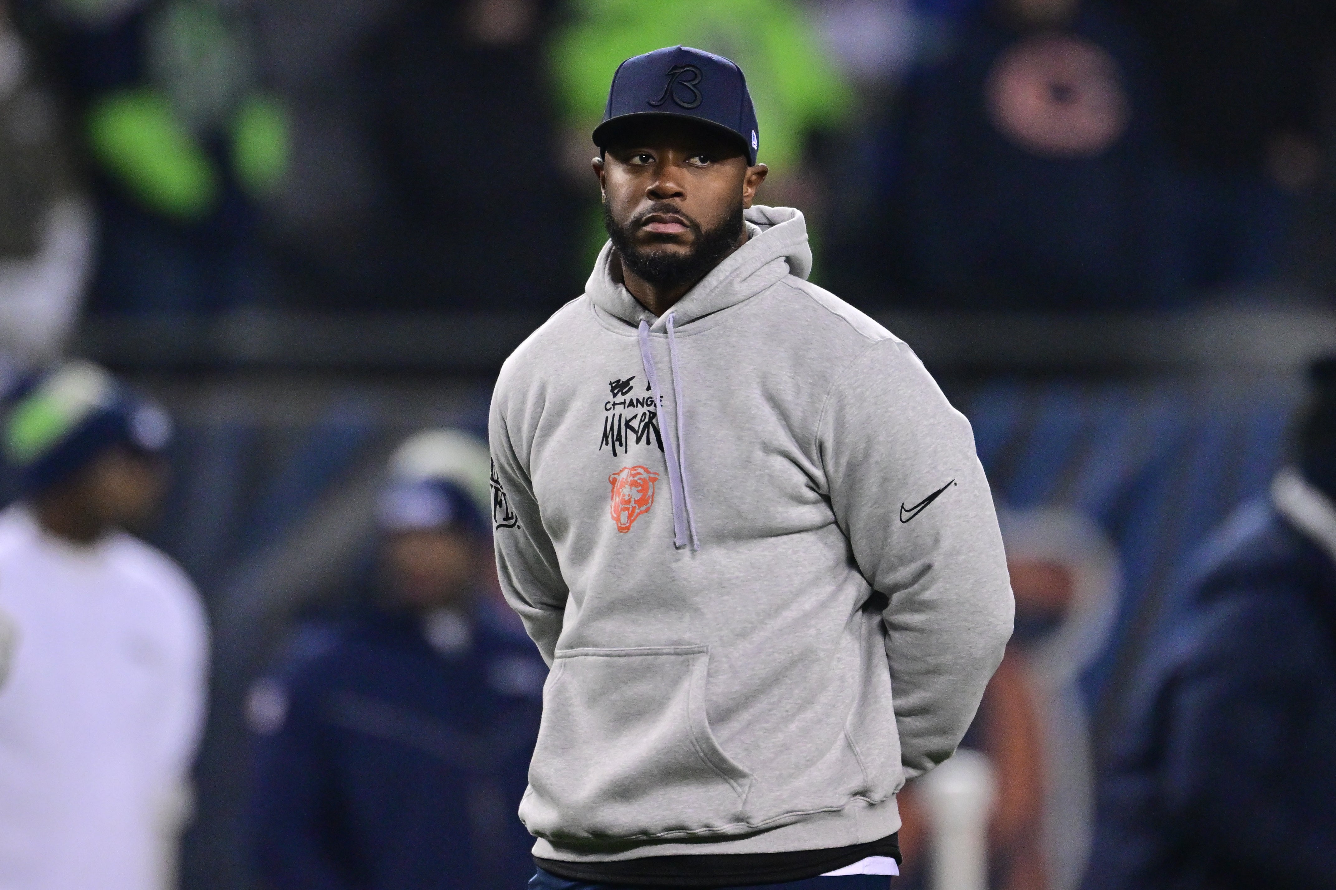 Dec 26, 2024; Chicago, Illinois, USA; Chicago Bears interim head coach Thomas Brown looks on before the game against the Seattle Seahawks at Soldier Field.