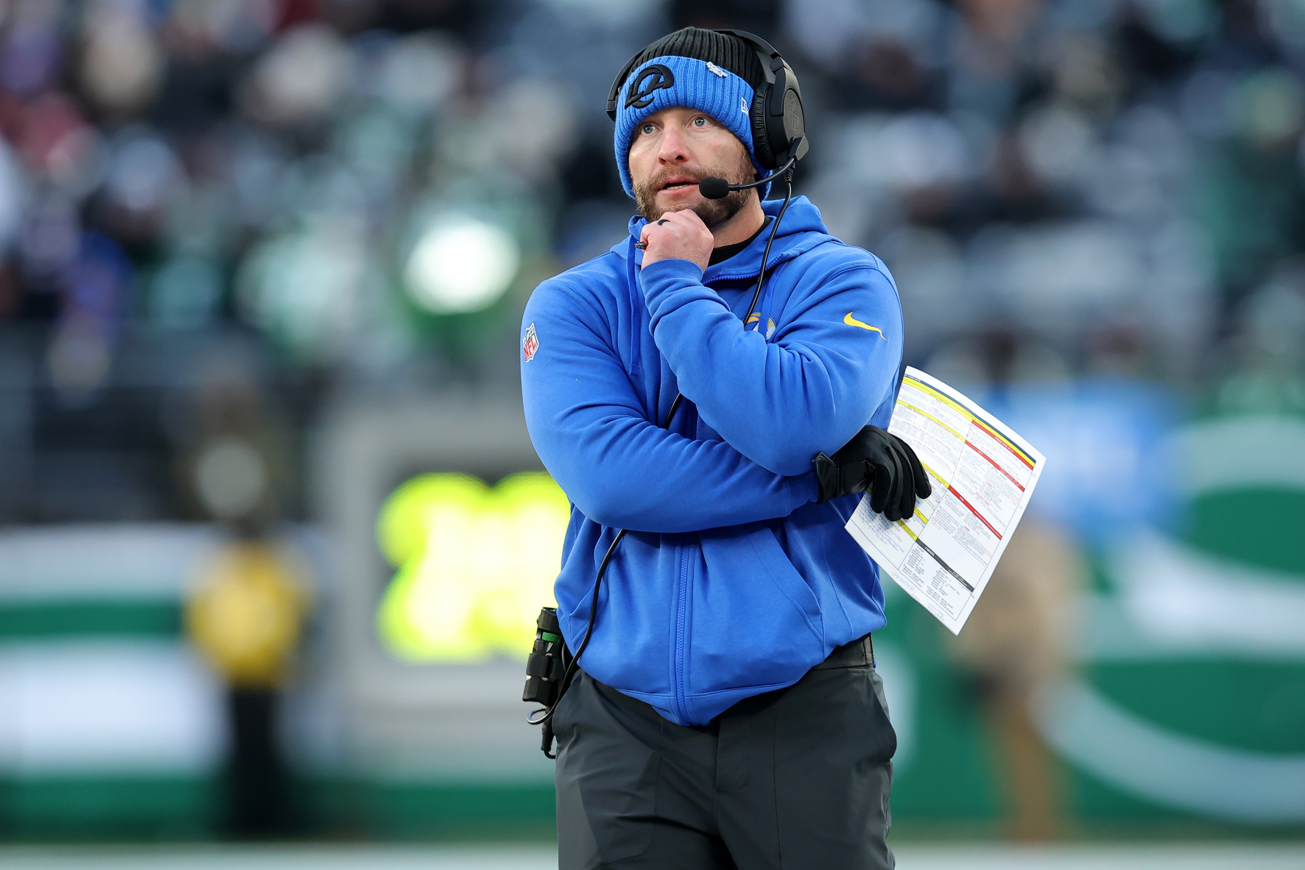 Los Angeles Rams head coach Sean McVay coaches against the New York Jets during the fourth quarter at MetLife Stadium.
