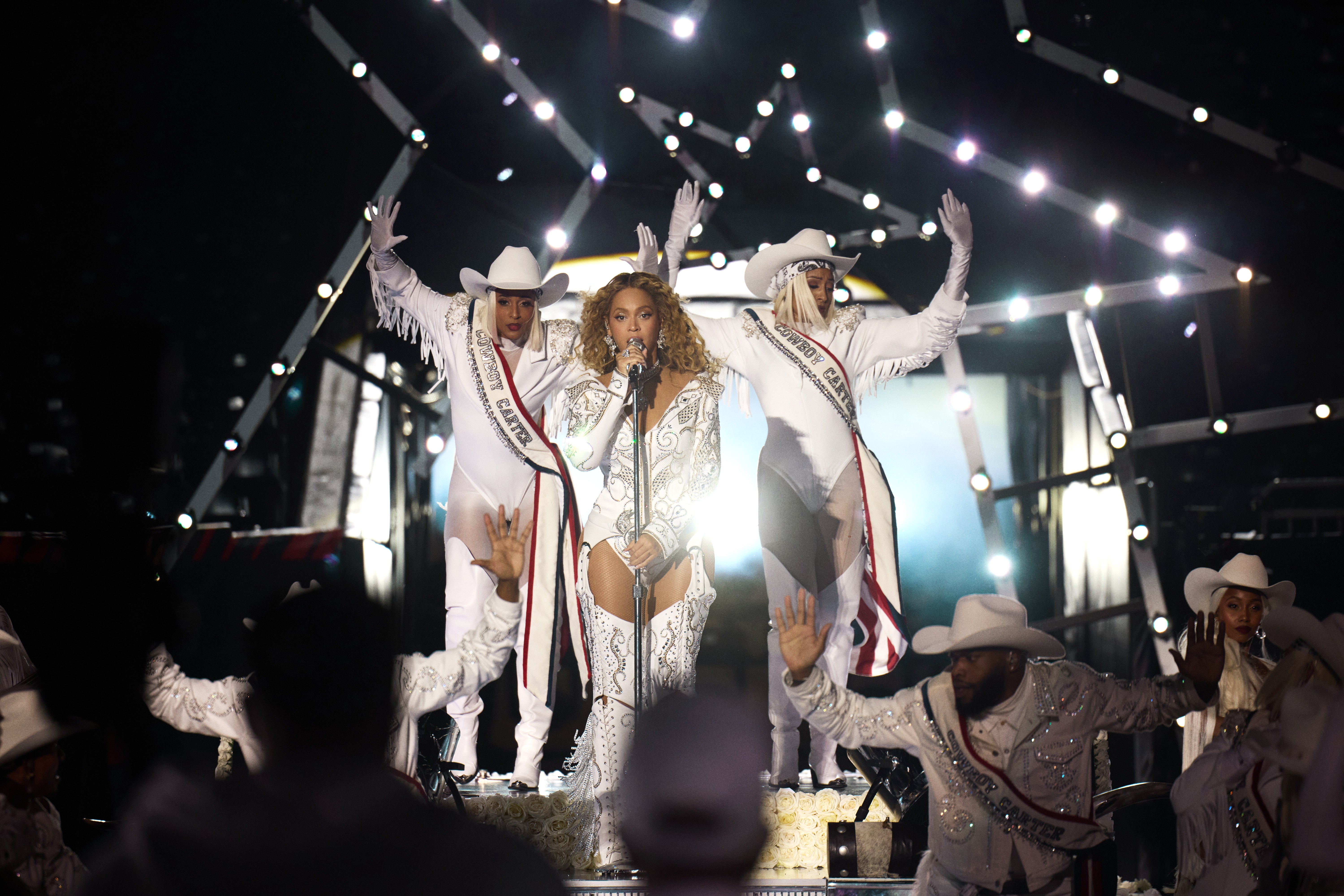 Dec 25, 2024; Houston, Texas, USA; Musician Beyonce preforms during the half time show between the Baltimore Ravens and the Houston Texans at NRG Stadium. Mandatory
