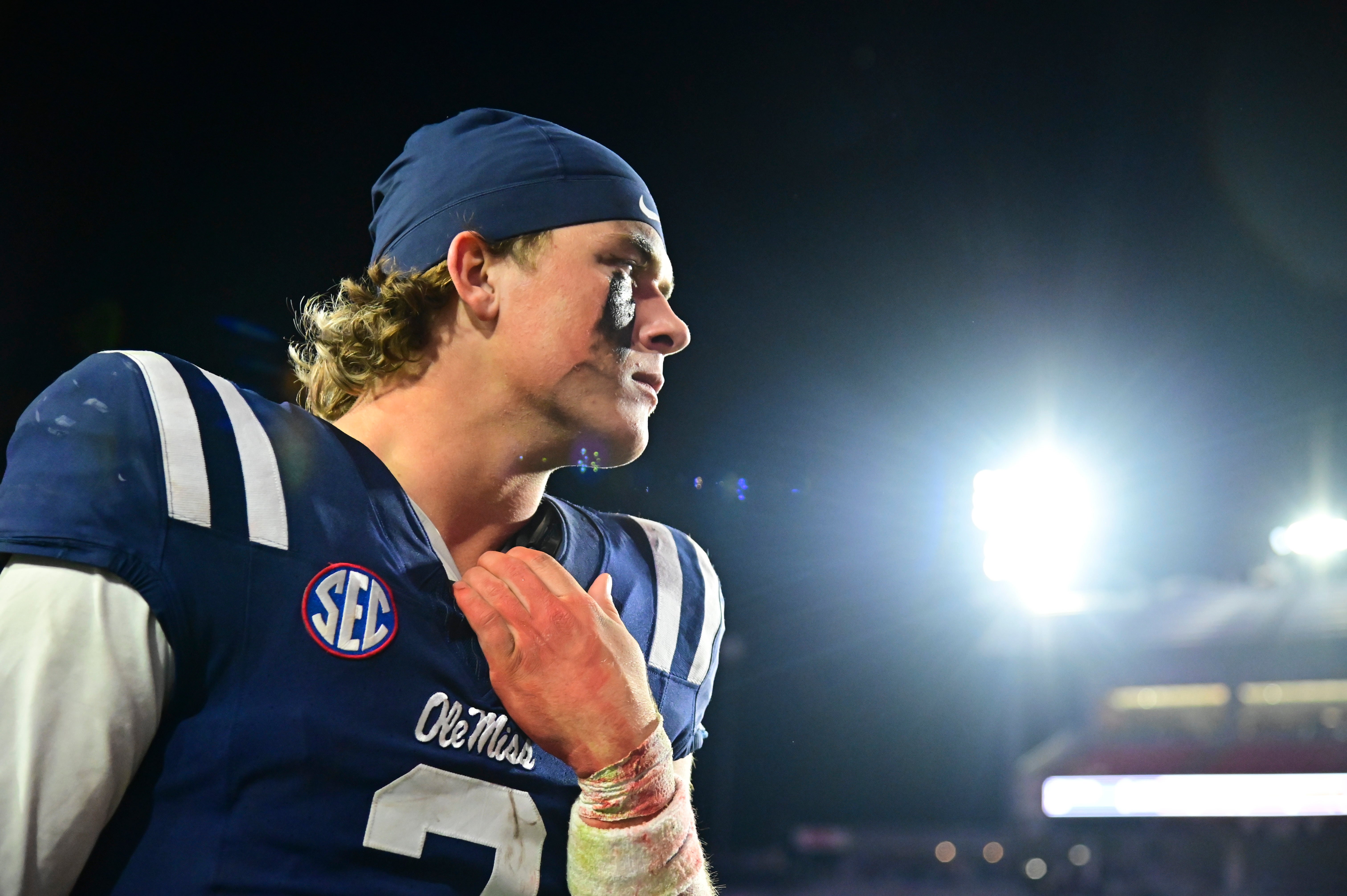 Nov 29, 2024; Oxford, Mississippi, USA; Mississippi Rebels quarterback Jaxson Dart (2) reacts after the game against the Mississippi State Bulldogs at Vaught-Hemingway Stadium. Mandatory Credit: Matt Bush-Imagn Images