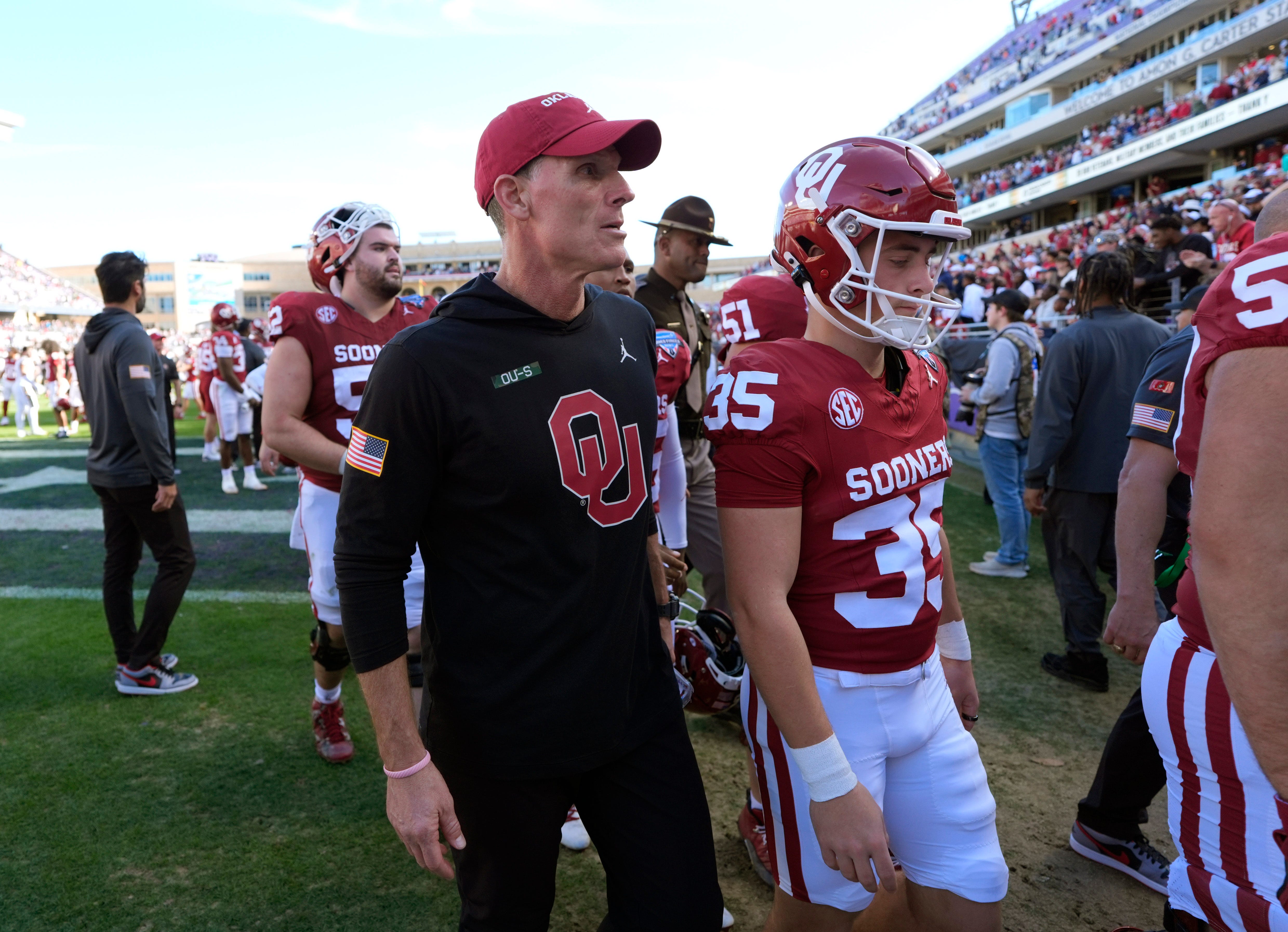 Oklahoma coach Brent Venables walks off the field after the Armed Forces Bowl football game between the University of Oklahoma Sooners (OU) and the Navy Midshipmen at Amon G. Carter Stadium in Fort Worth, Texas, Friday, Dec. 27, 2024. Navy won 21-20.