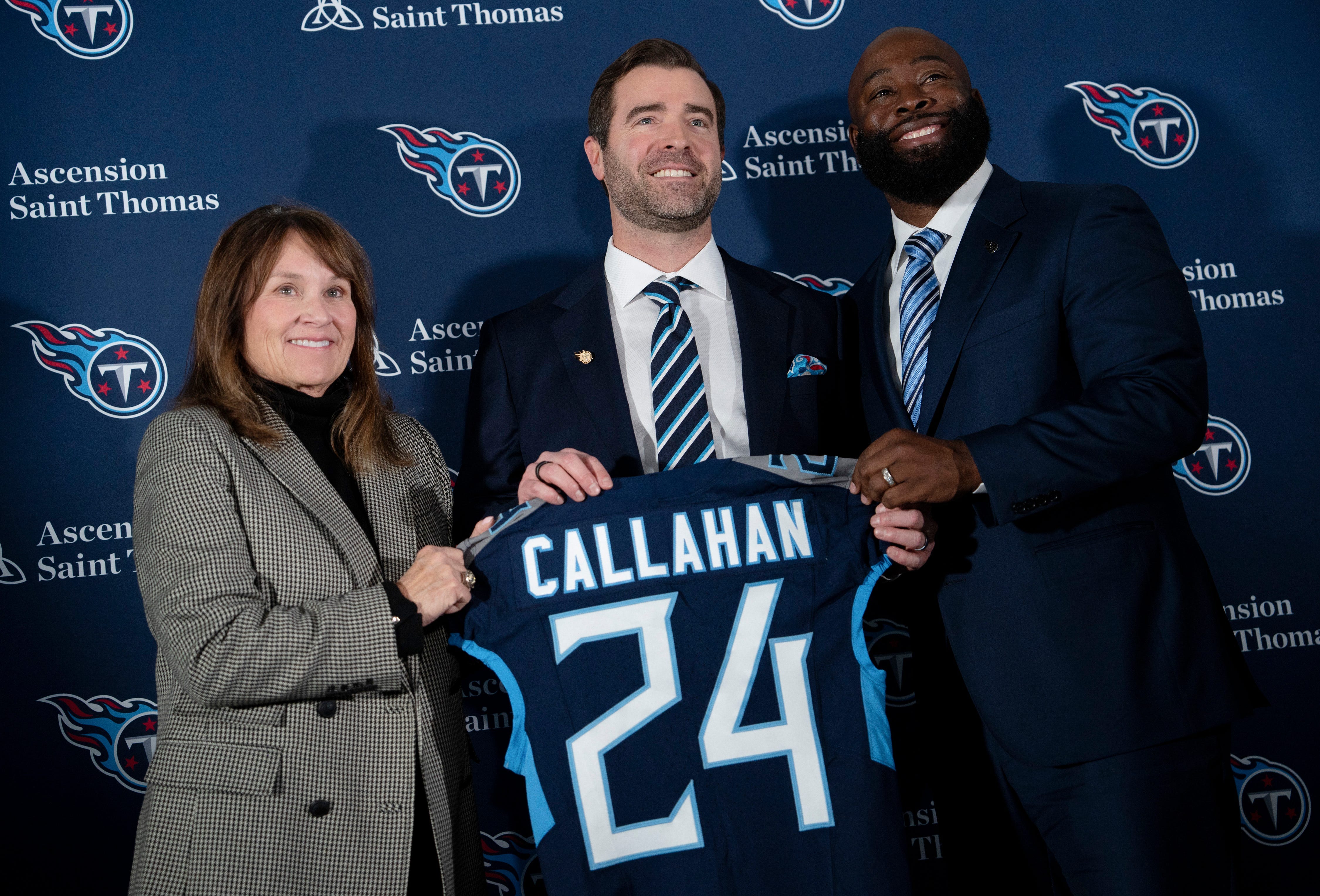 Tennessee Titans owner Amy Adams Strunk, left, Head Coach Brian Callahan, center, and Ran Carthon, general manager, stand for portraits at Ascension Saint Thomas Sports Park in Nashville, Tenn., Thurs... Denny Simmons / The Tennessean-USA TODAY NETWORK via Imagn Images