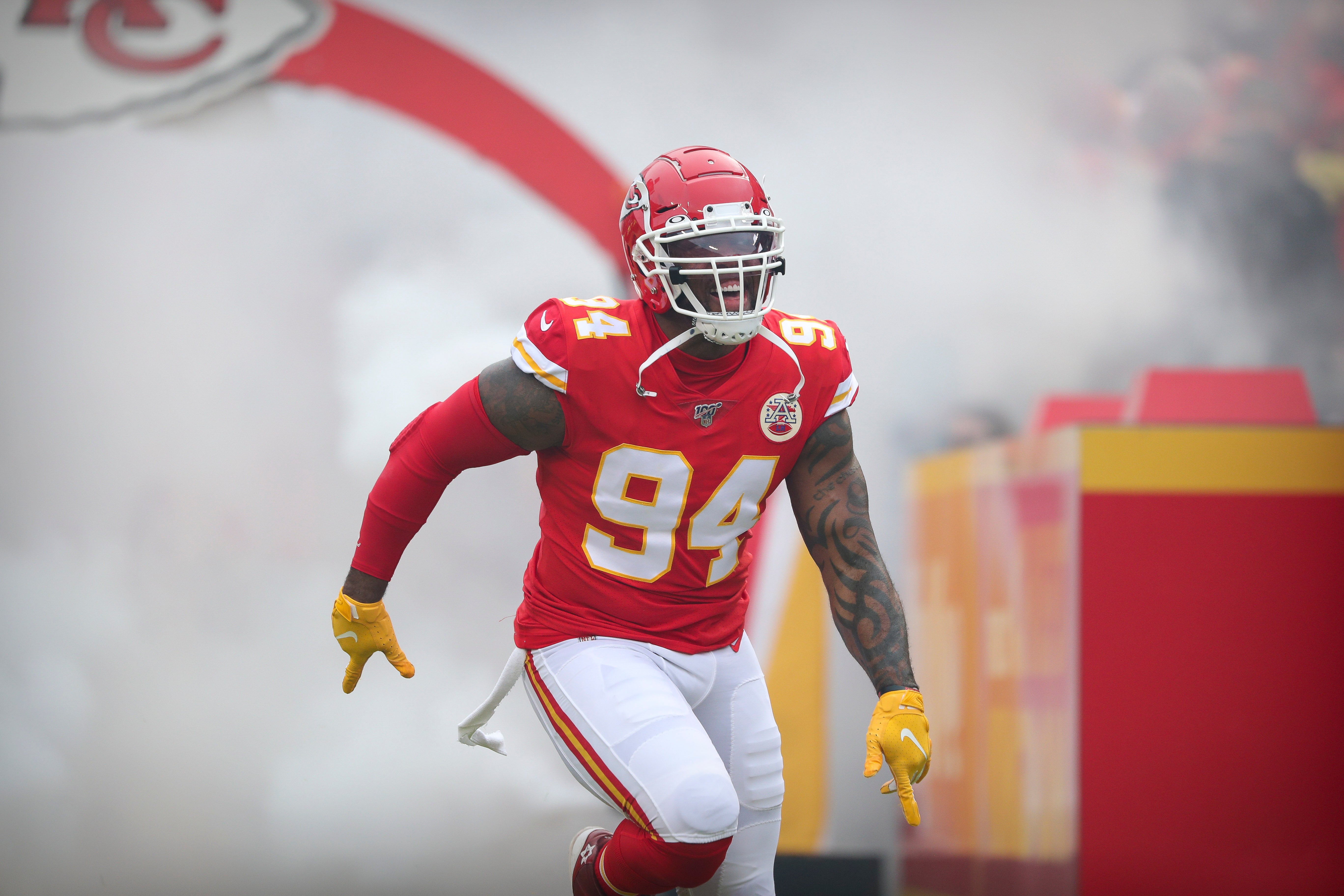 Jan 12, 2020; Kansas City, MO, USA; Kansas City Chiefs defensive end Terrell Suggs (94) takes the field to face the Houston Texans in a AFC Divisional Round playoff football game at Arrowhead Stadium.