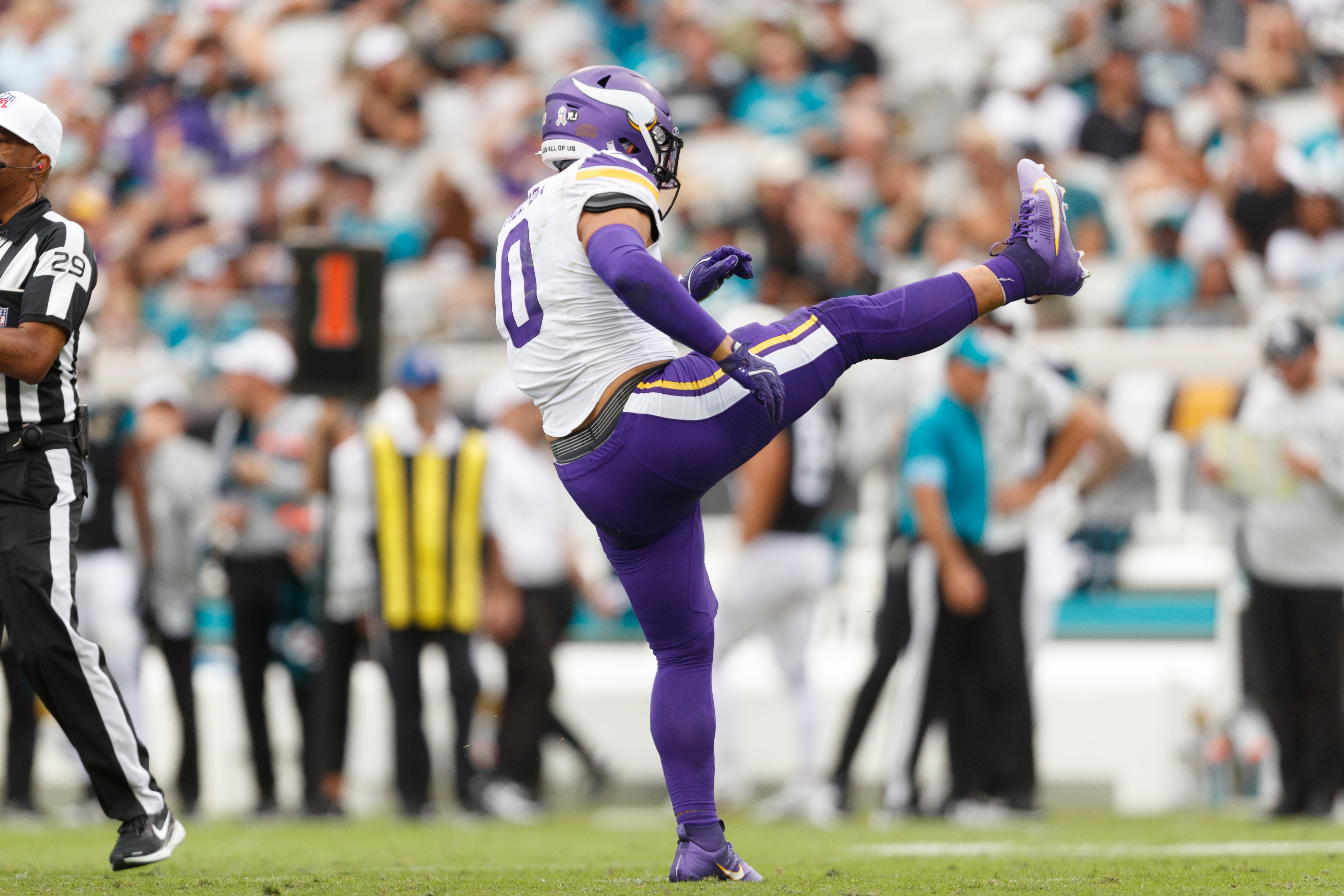 Nov 10, 2024; Jacksonville, Florida, USA; Minnesota Vikings linebacker Ivan Pace Jr. (0) celebrates a sack against the Jacksonville Jaguars during the second quarter at EverBank Stadium.