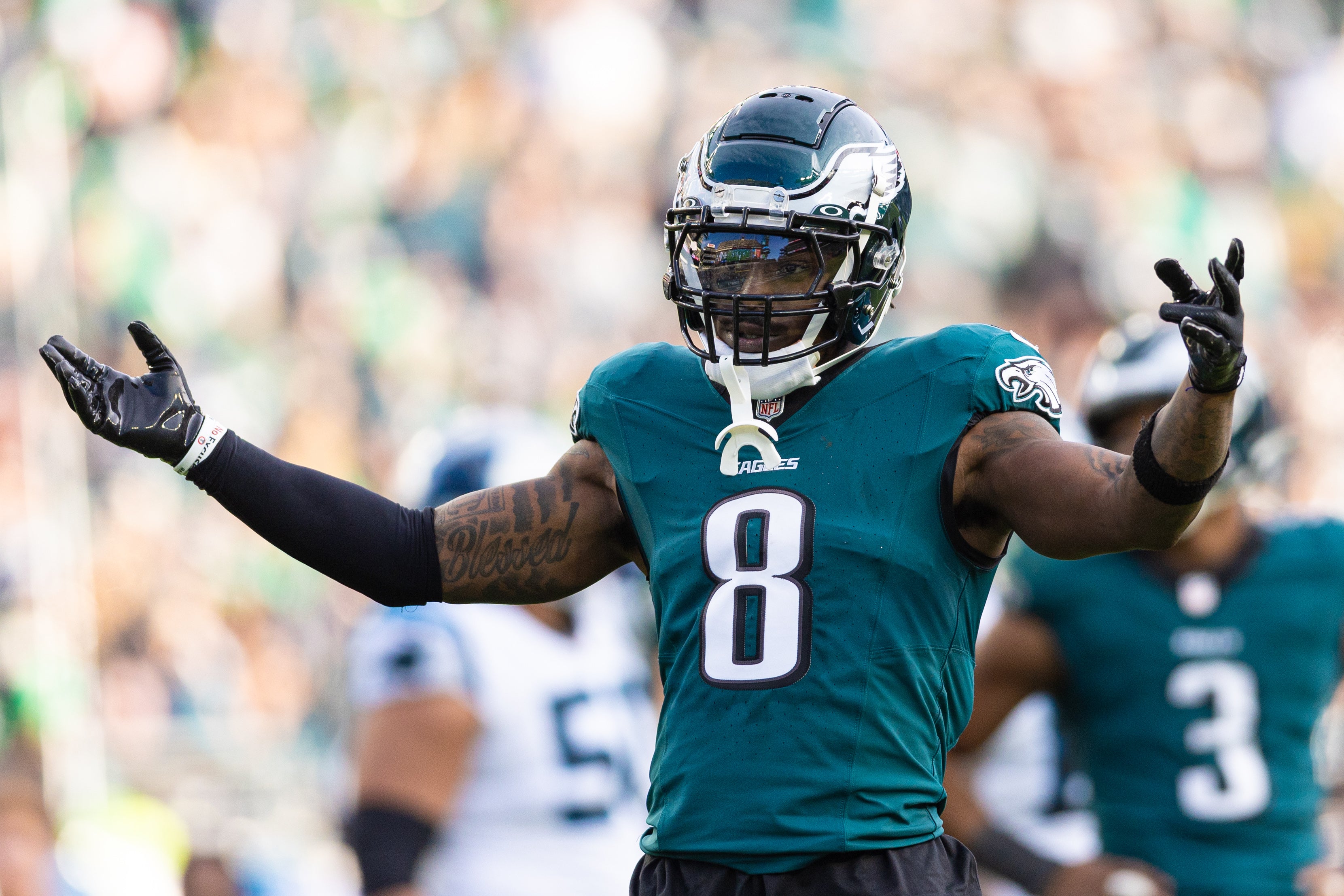 Philadelphia Eagles safety C.J. Gardner-Johnson (8) reacts after a play against the Carolina Panthers at Lincoln Financial Field.