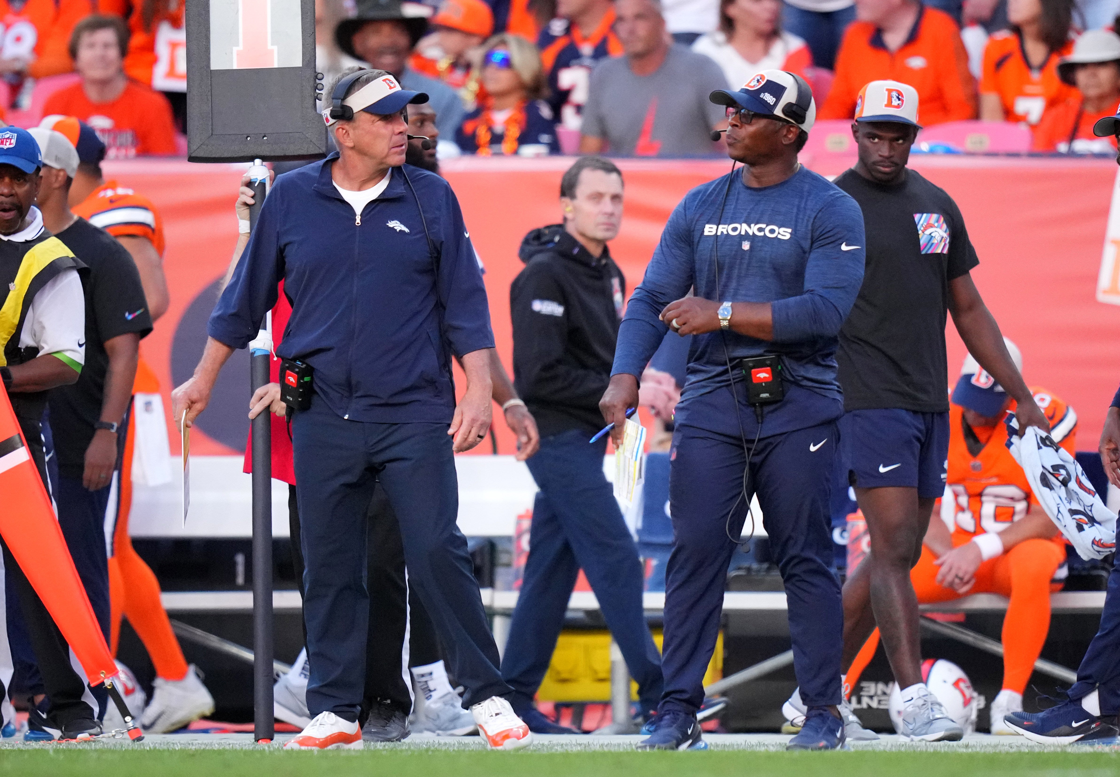 Denver Broncos head coach Sean Payton defensive coordinator Vance Joseph