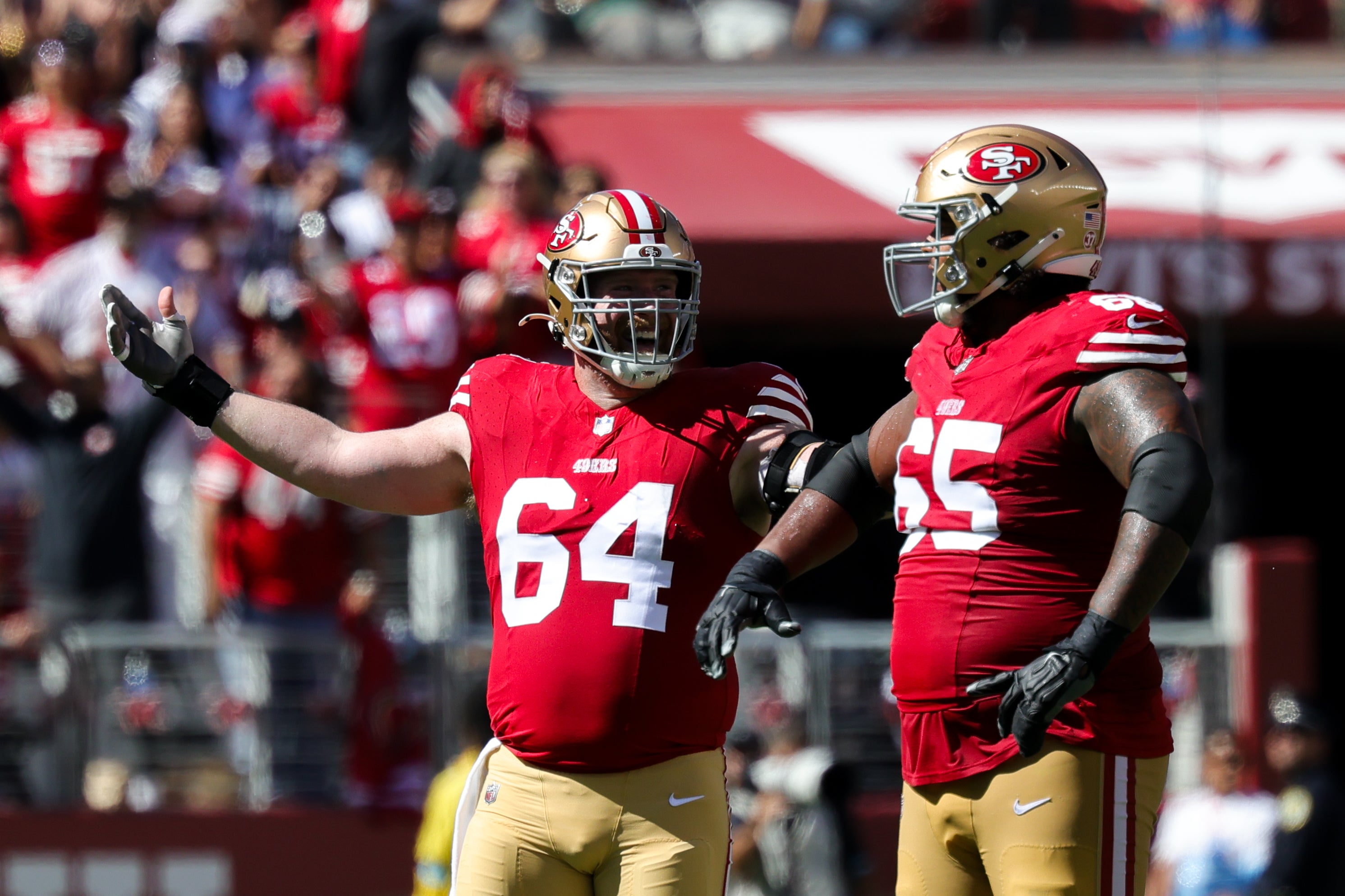 San Francisco 49ers center Jake Brendel (64) reacts to a penalty call during the second quarter against the New England Patriots at Levi's Stadium. Mandatory Credit: