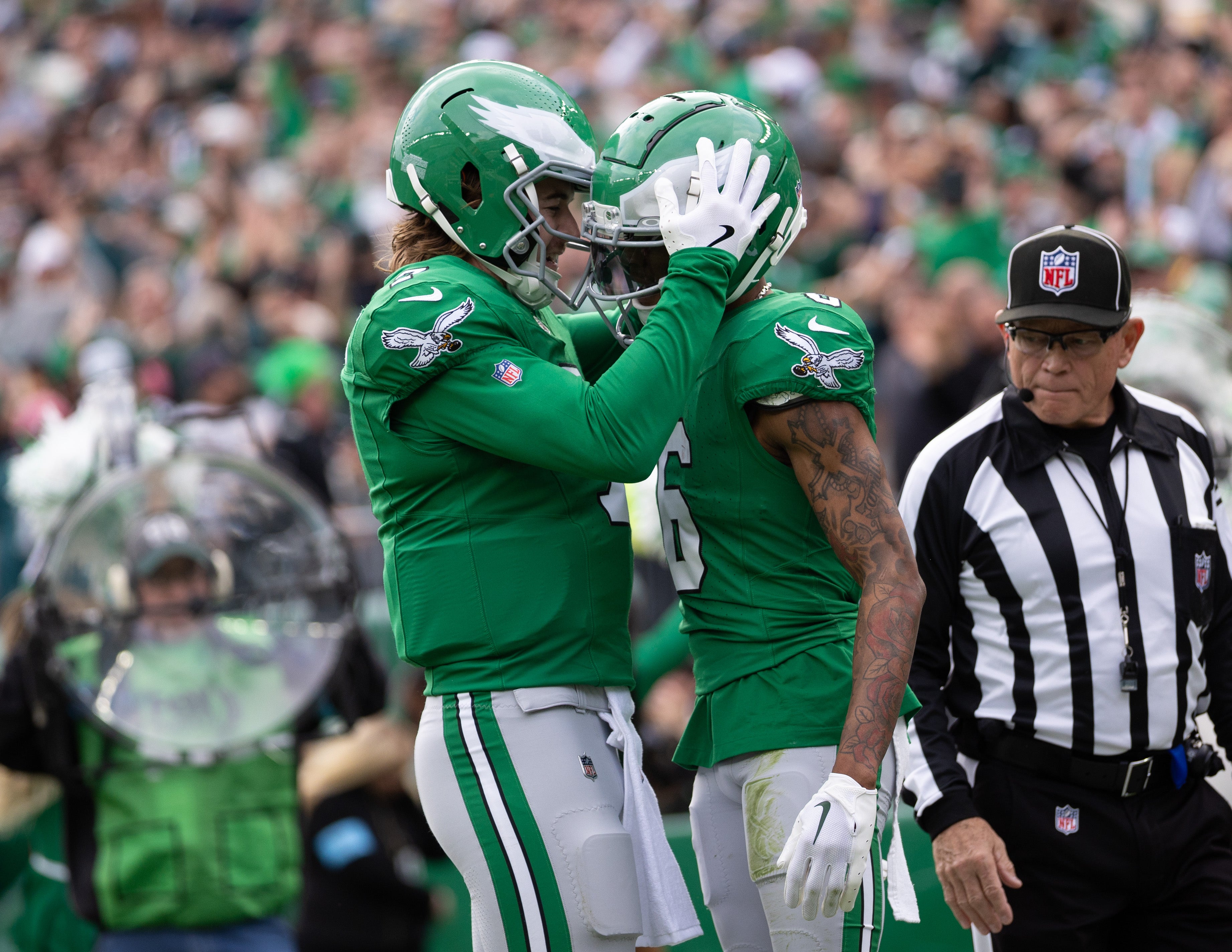 Philadelphia Eagles wide receiver DeVonta Smith (6) celebrates with with quarterback Kenny Pickett (7) after their touchdown connection during the second quarter against the Dallas Cowboys at Lincoln ...