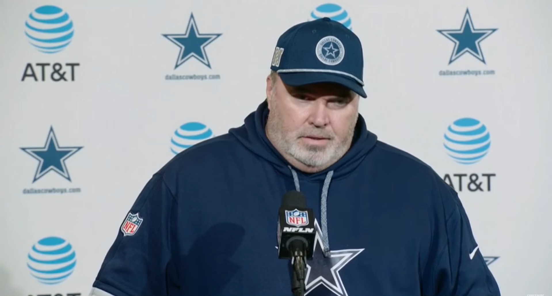 Dallas Cowboys HC Mike McCarthy talks to reporters postgame.