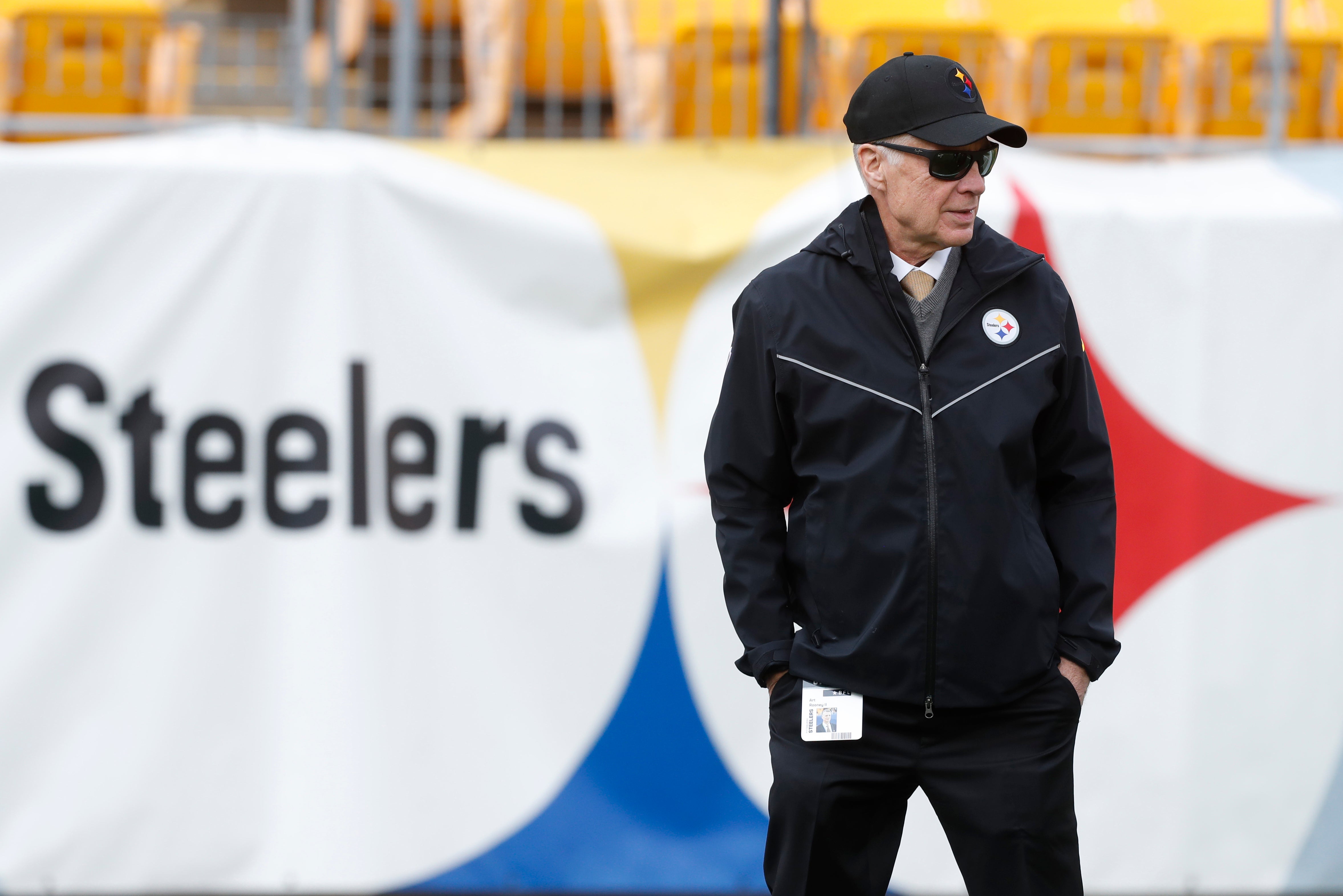 Oct 16, 2022; Pittsburgh, Pennsylvania, USA; Pittsburgh Steelers chairman Art Rooney II looks on from the field before game against the Tampa Bay Buccaneers at Acrisure Stadium. Mandatory Credit: Charles LeClaire-Imagn Images