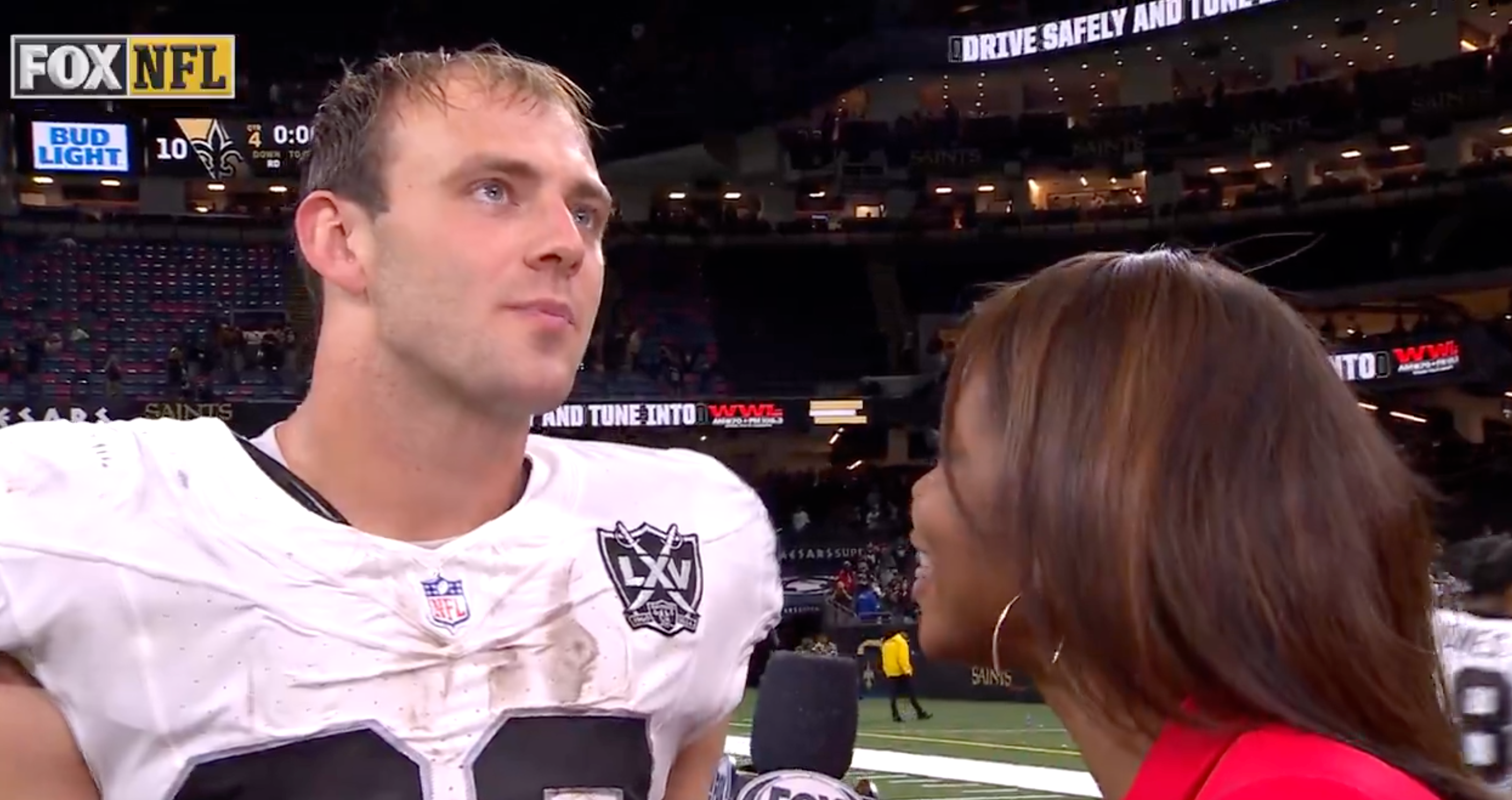 Brock Bowers speaks to Kristina Pink after having the most receiving yards by a rookie tight end in NFL history in Week 17