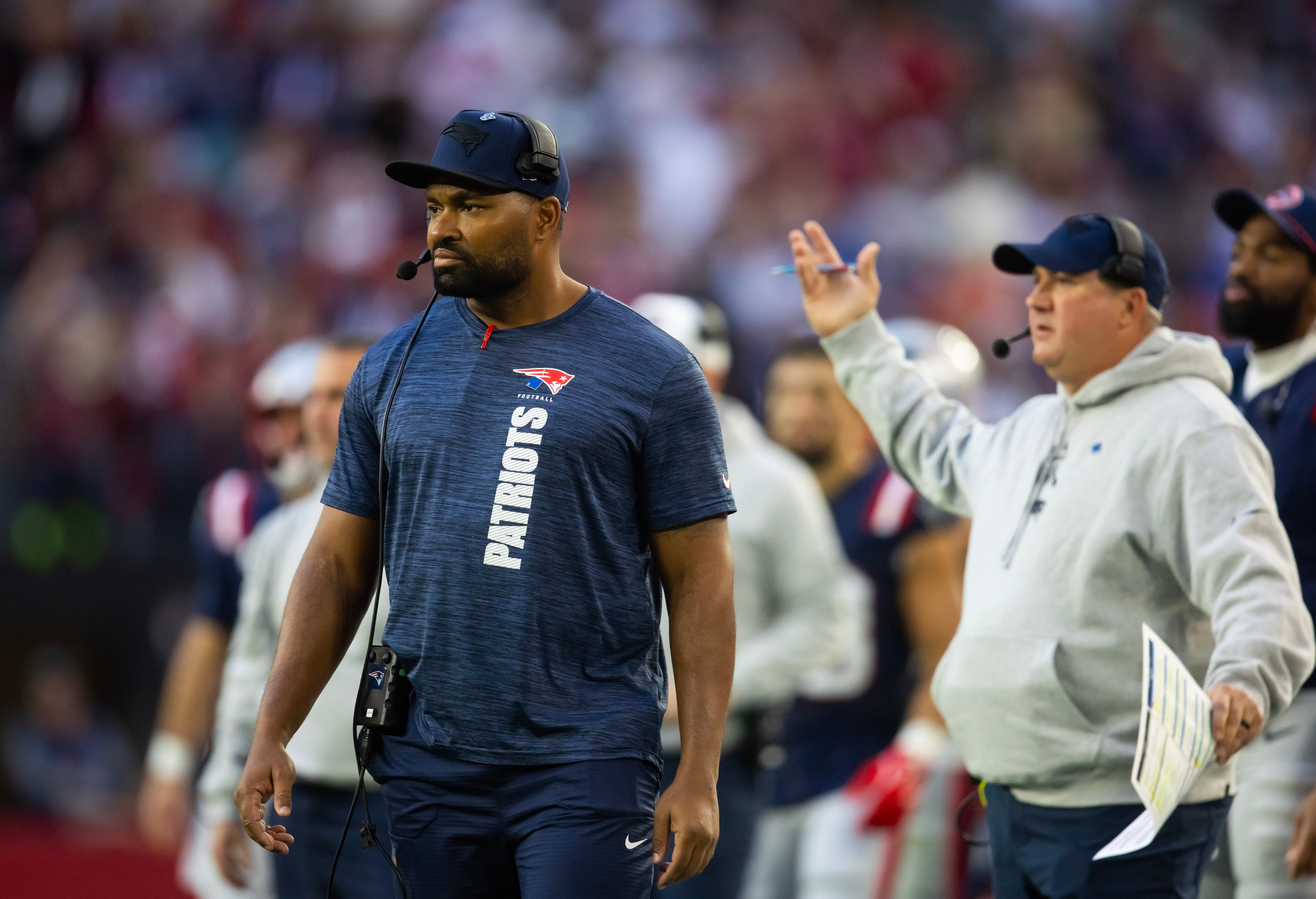 Dec 15, 2024; Glendale, Arizona, USA; New England Patriots head coach Jerod Mayo against the Arizona Cardinals at State Farm Stadium