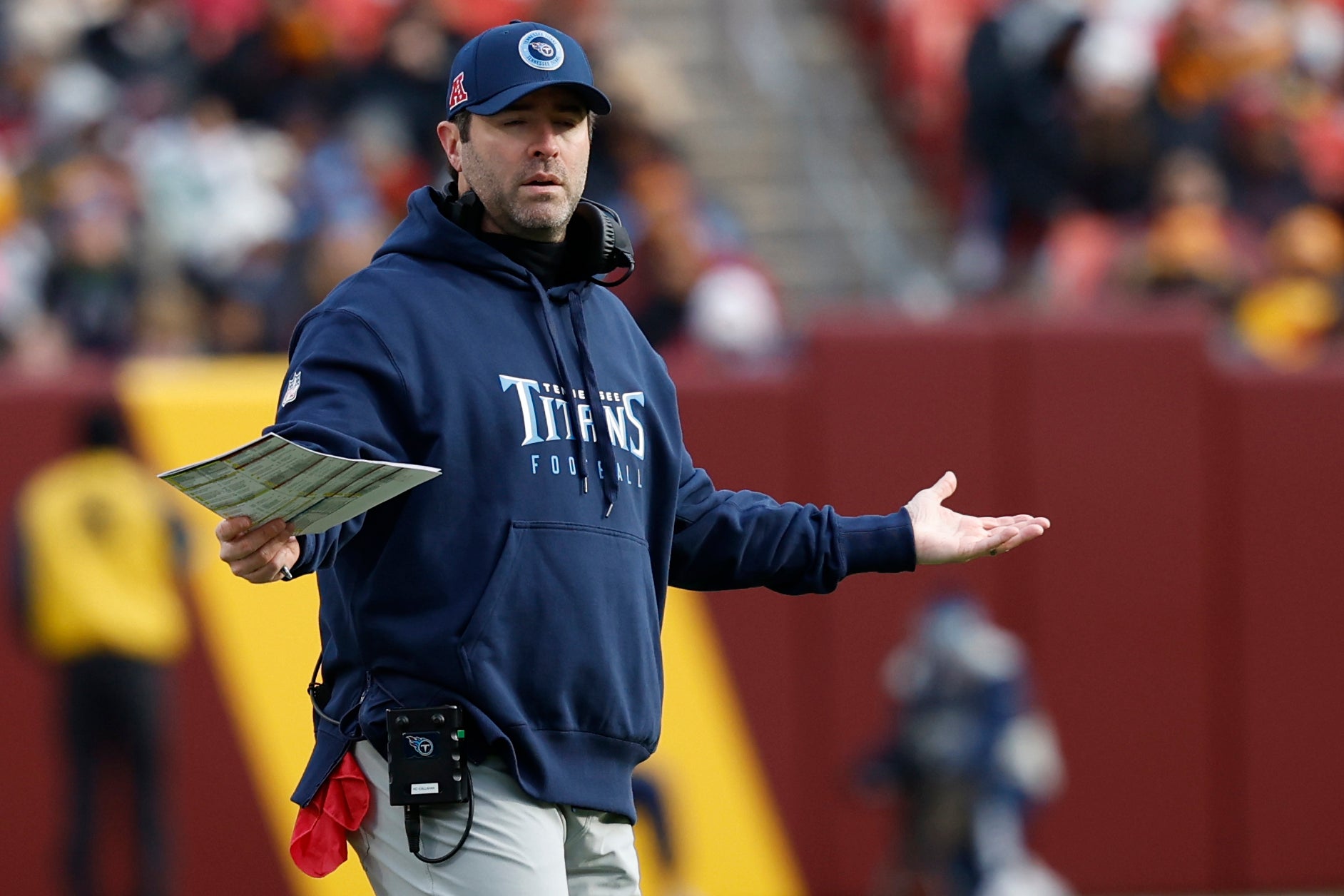 Dec 1, 2024; Landover, Maryland, USA; Tennessee Titans head coach Brian Callahan gestures from the bench against the Washington Commanders during the first half at Northwest Stadium. Mandatory Credit: Geoff Burke-Imagn Images