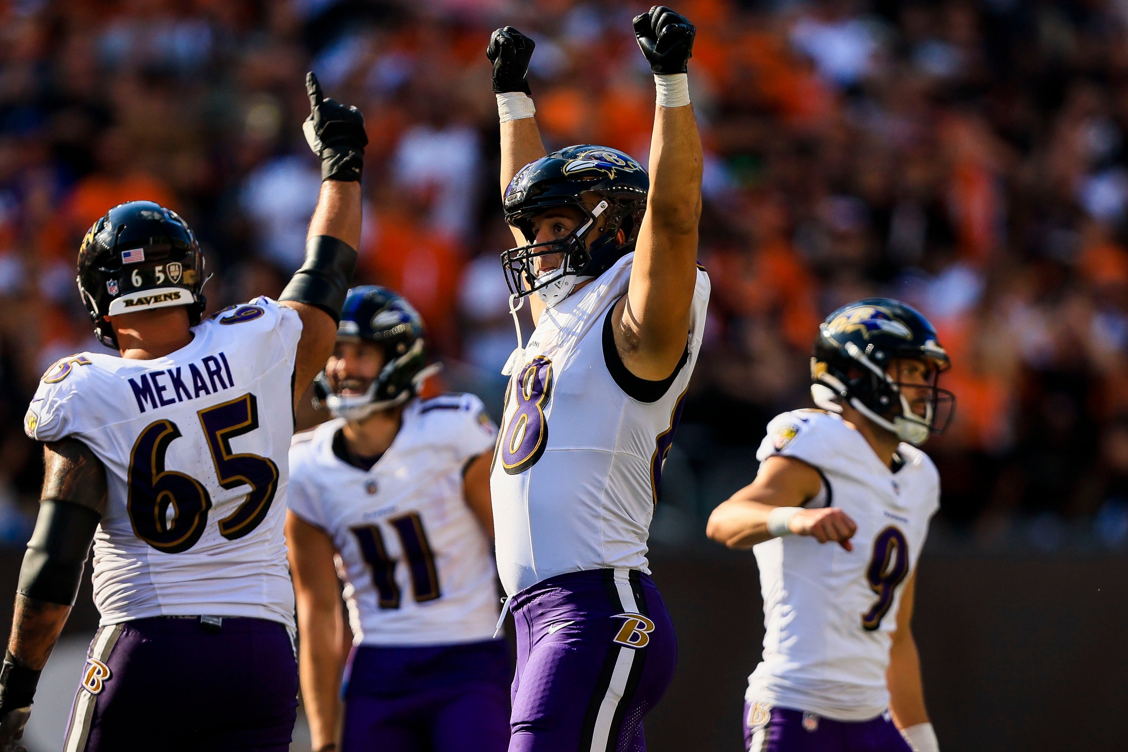 Oct 6, 2024; Cincinnati, Ohio, USA; Baltimore Ravens tight end Charlie Kolar (88) reacts after the field goal by kicker Justin Tucker (9) is good in the second half against the Cincinnati Bengals at Paycor Stadium.