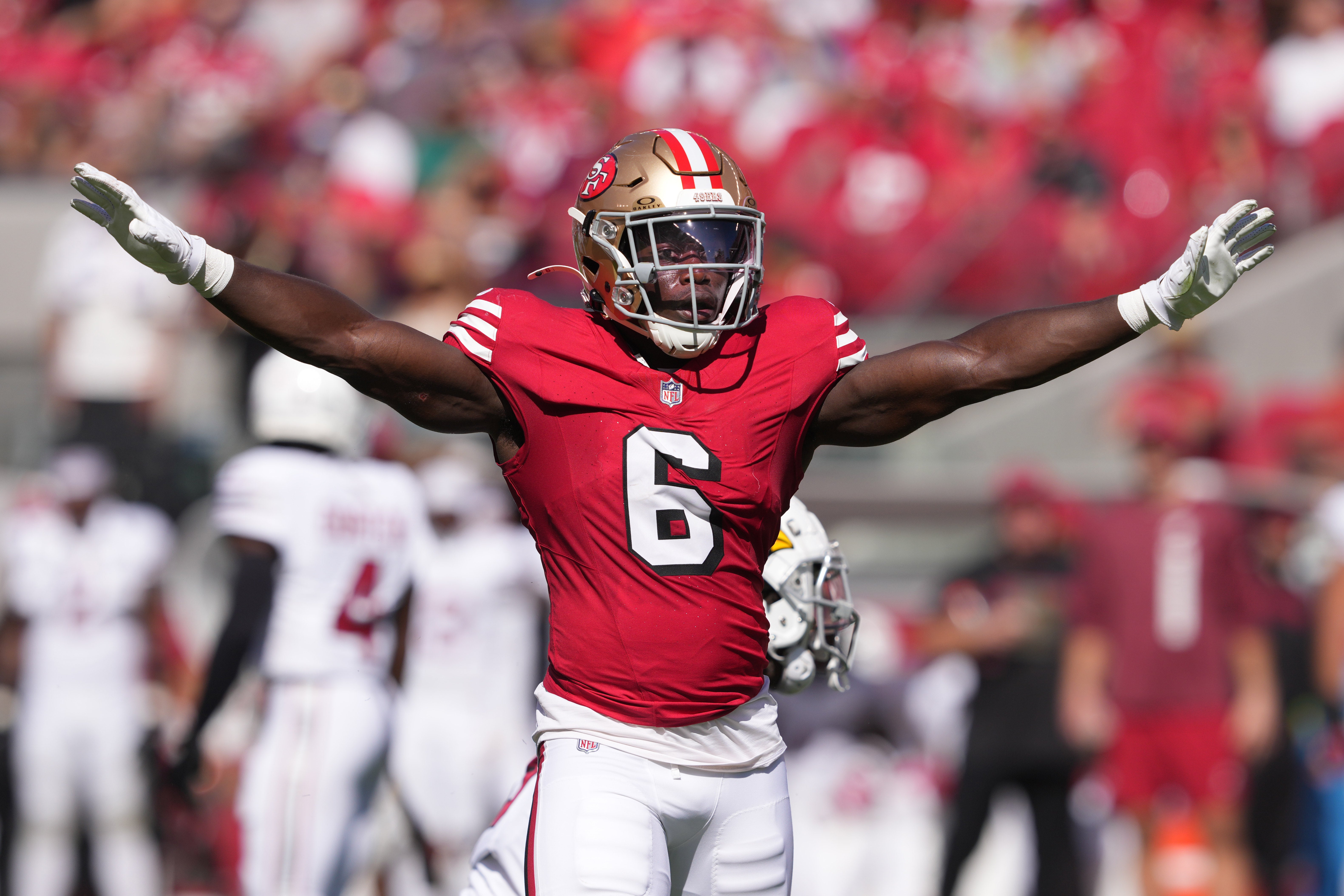 San Francisco 49ers safety Malik Mustapha (6) gestures after defending a pass against the Arizona Cardinals during the second quarter at Levi's Stadium.