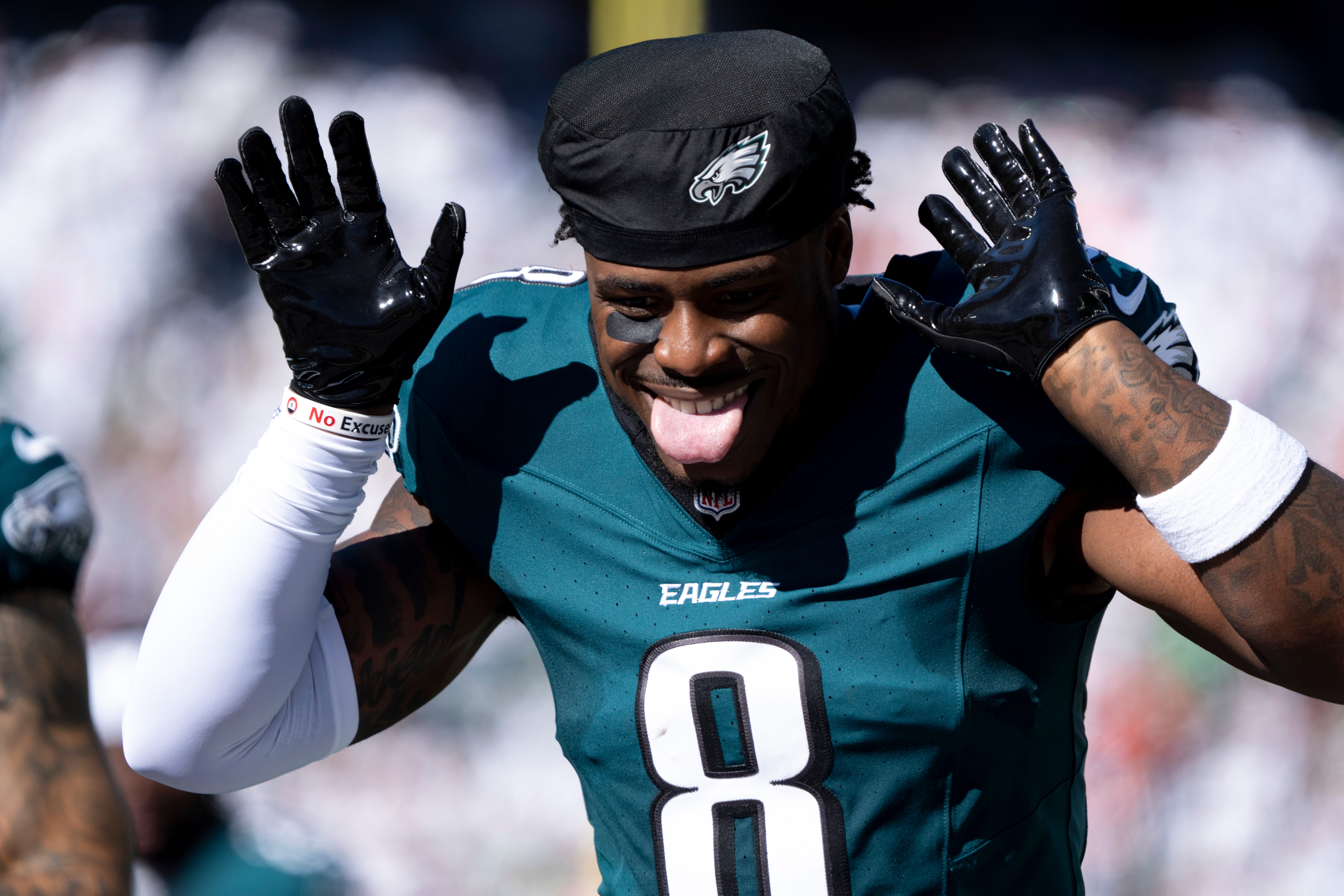 Philadelphia Eagles safety C.J. Gardner-Johnson (8) makes a face while running onto the field before the NFL game against the Cincinnati Bengals at Paycor Stadium in Cincinnati on Sunday, Oct. 27, 2022.