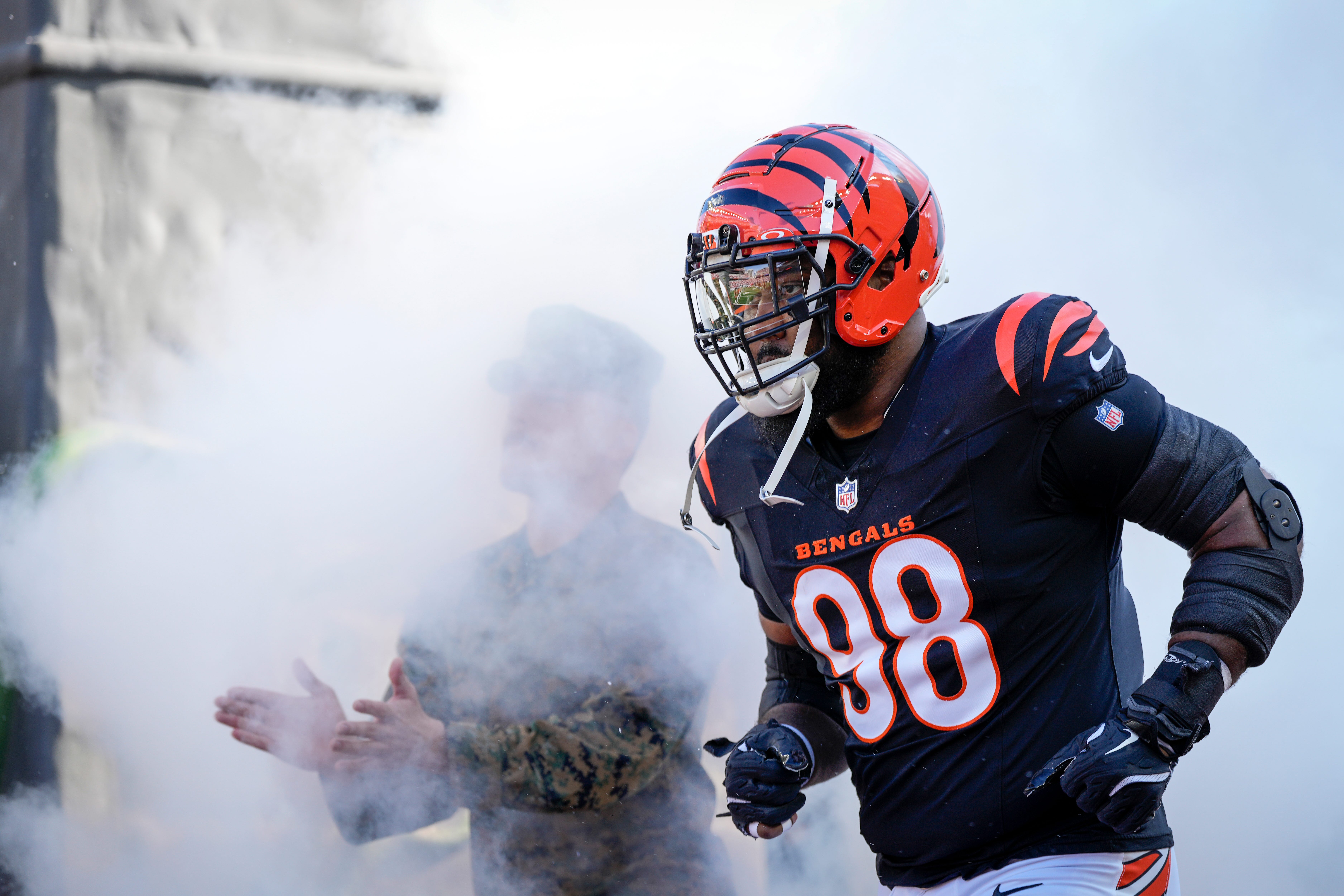 Cincinnati Bengals defensive tackle Sheldon Rankins (98) takes the field in the first quarter of the NFL Week 9 game between the Cincinnati Bengals and the Las Vegas Raiders at Paycor Stadium in downtown Cincinnati on Sunday, Nov. 3, 2024.