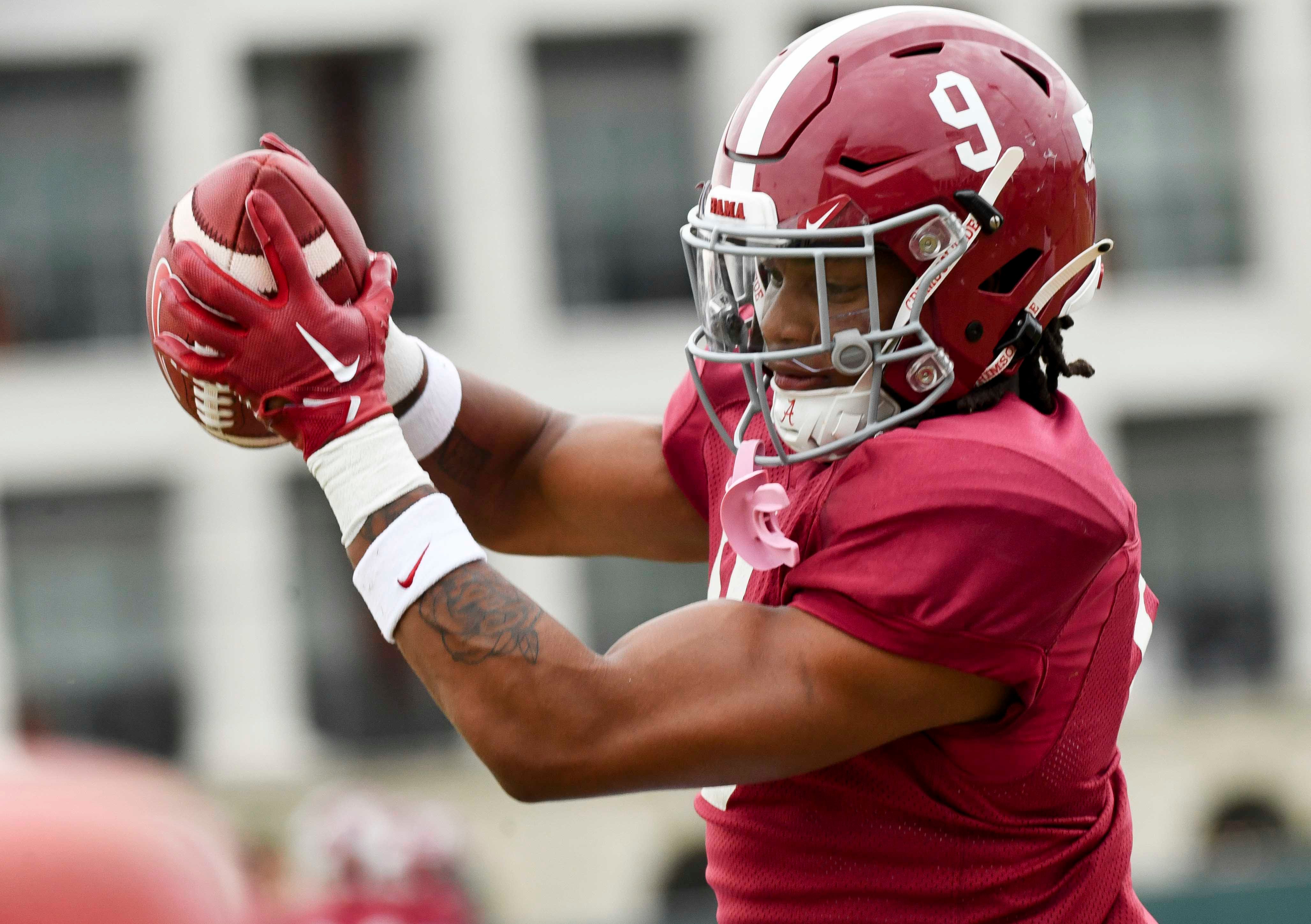 Mar 21, 2024; Tuscaloosa, Alabama, USA; Defensive back Jaylen Mbakwe snags a pass during practice at the University Alabama Thursday.