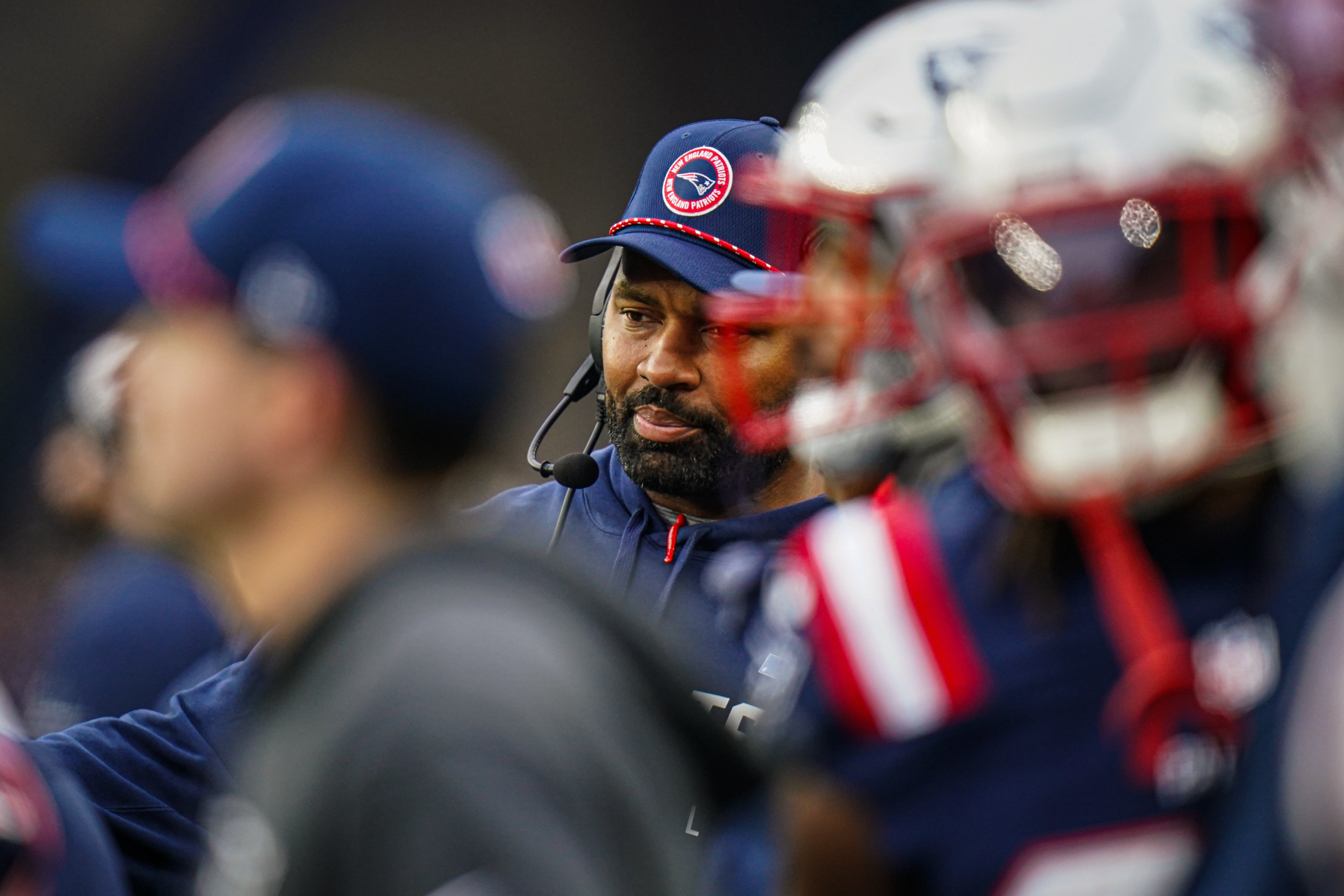 Dec 28, 2024; Foxborough, Massachusetts, USA; New England Patriots head coach Jerod Mayo watches from the sideline as they take on the Los Angeles Chargers at Gillette Stadium.