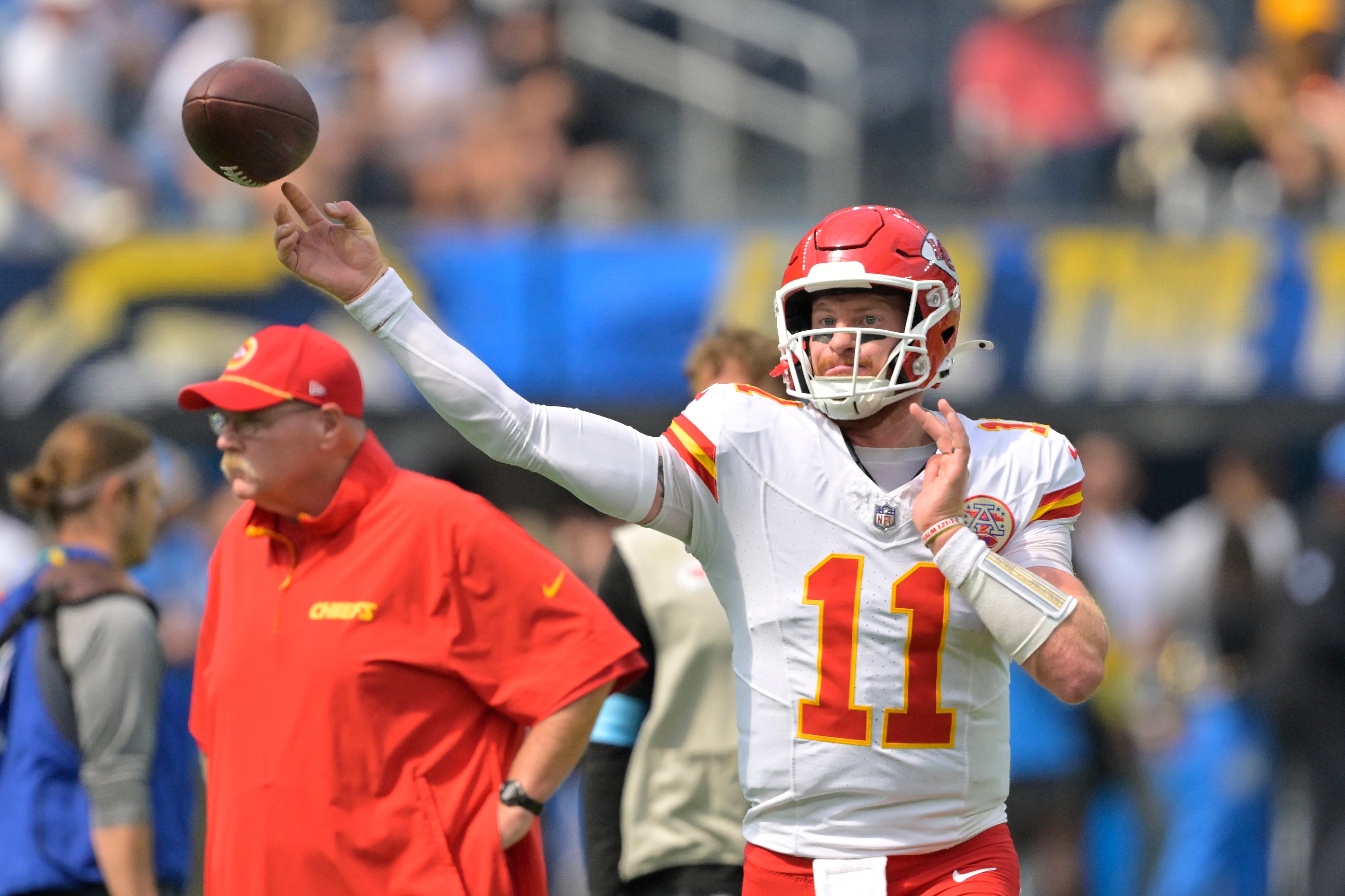 Sep 29, 2024; Inglewood, California, USA; Kansas City Chiefs quarterback Carson Wentz (11) warms up prior to the game against the Los Angeles Chargers at SoFi Stadium.