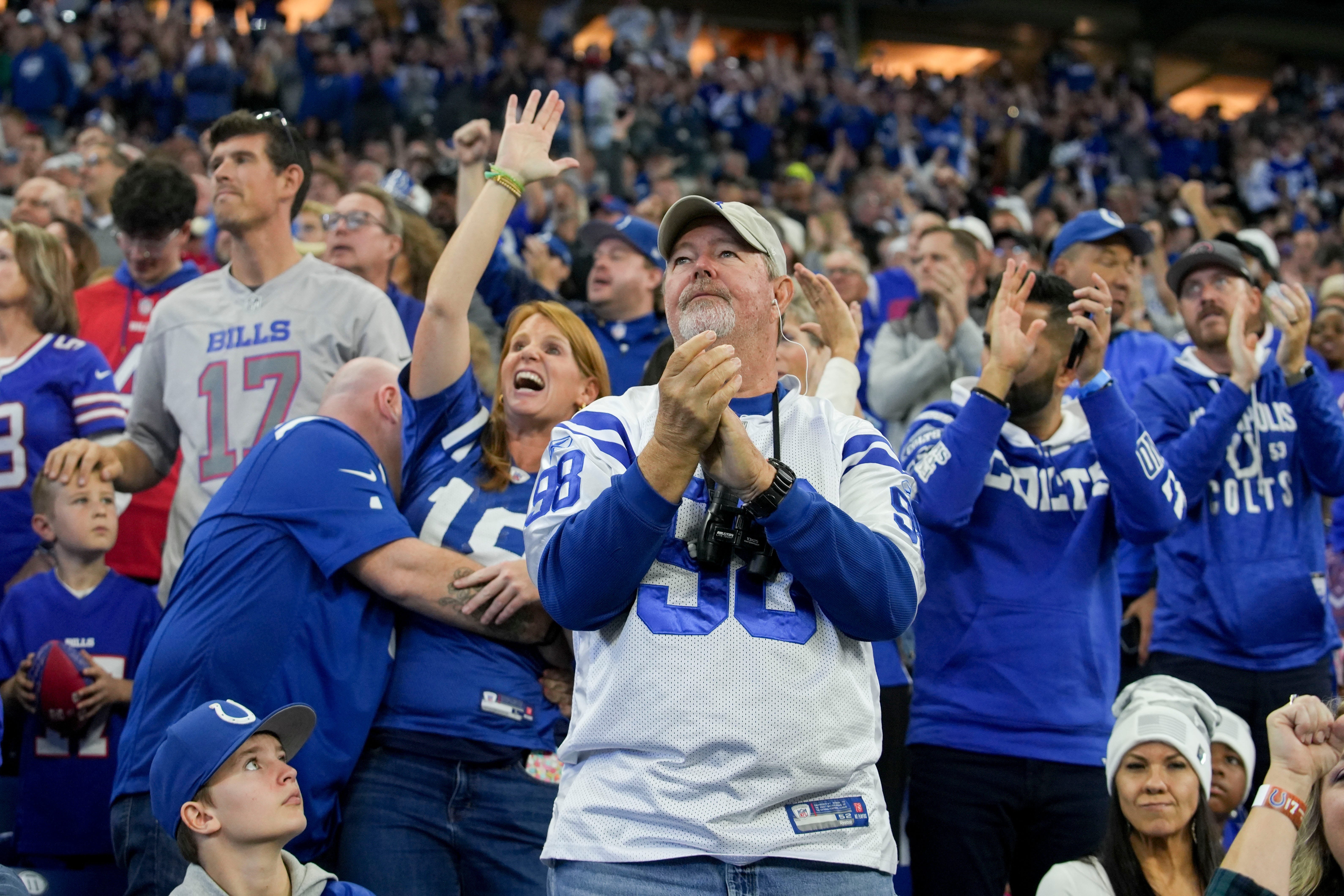 Indianapolis Colts fans celebrates as Indianapolis Colts running back Tyler Goodson (31) scores a touchdown Sunday, Nov. 10, 2024, during a game against the Buffalo Bills at Lucas Oil Stadium in Indianapolis.