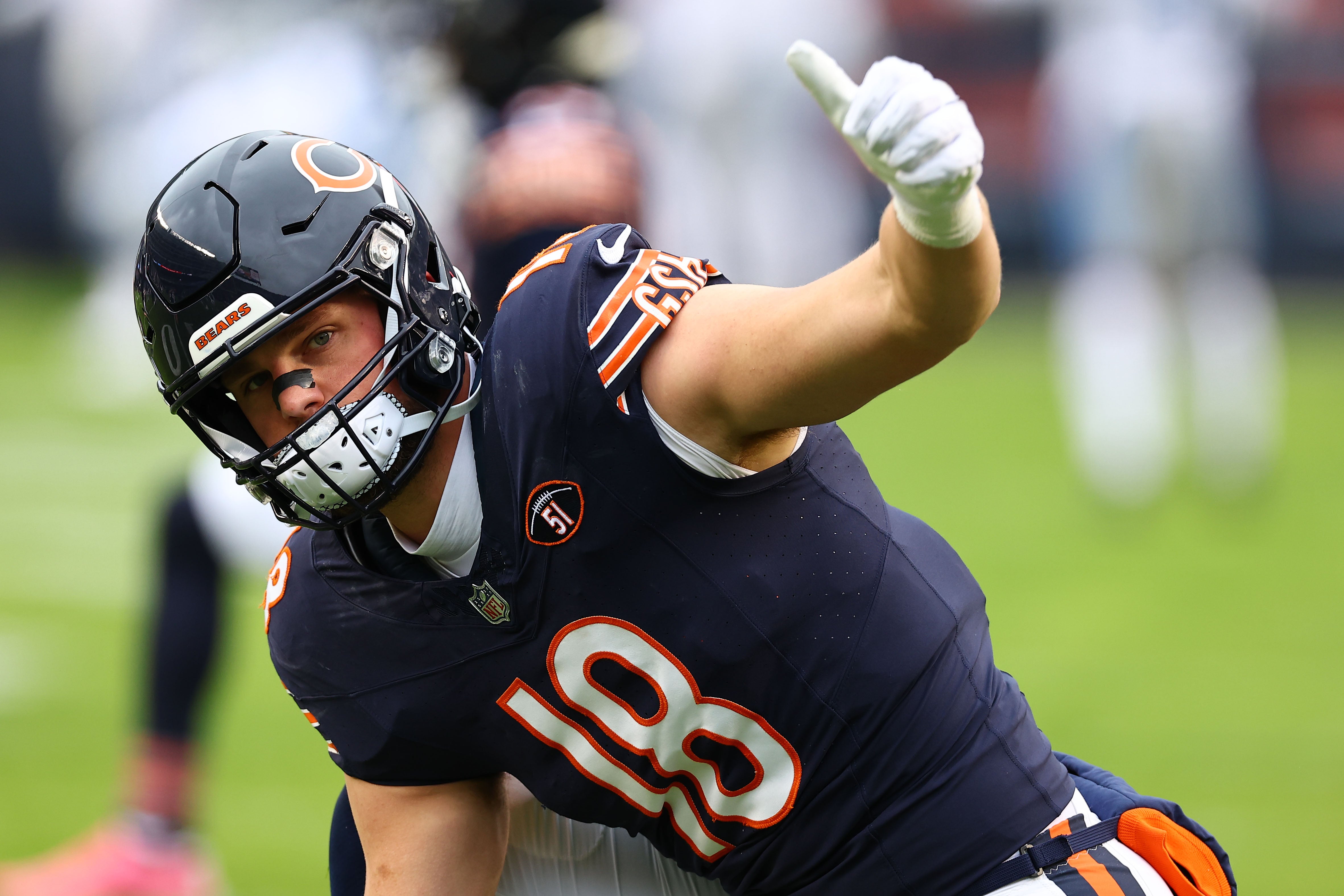 Dec 10, 2023; Chicago, Illinois, USA; Chicago Bears tight end Robert Tonyan (18) practices before the game against the Detroit Lions at Soldier Field.