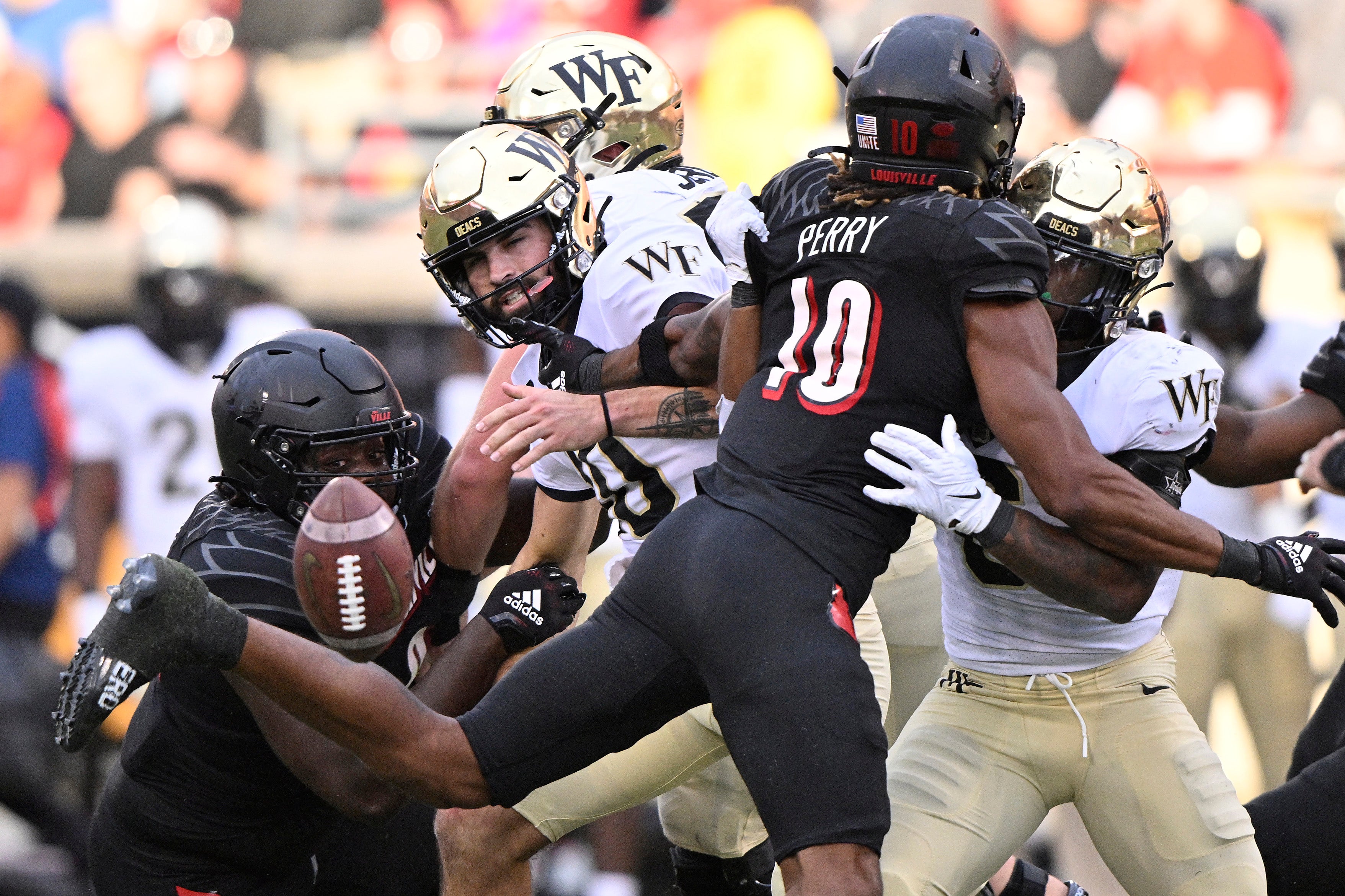 Wake Forest Demon Deacons quarterback Sam Hartman (10) fumbles the ball against Louisville Cardinals defensive lineman Jared Dawson (93) during the second half at Cardinal Stadium. Louisville won 48-21.