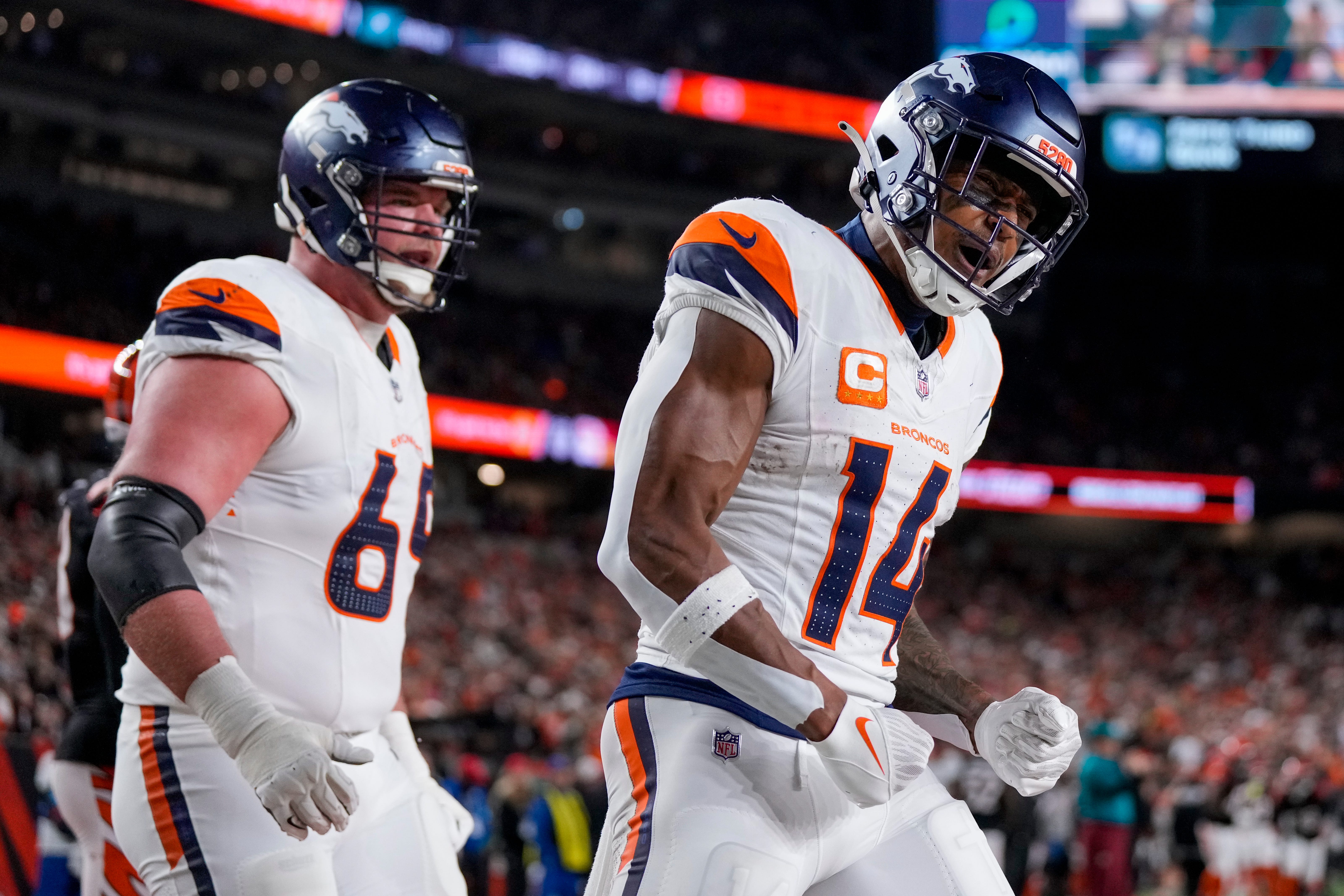 Broncos WR Courtland Sutton (14) celebrates a touchdown catch in the third quarter against the Bengals.
