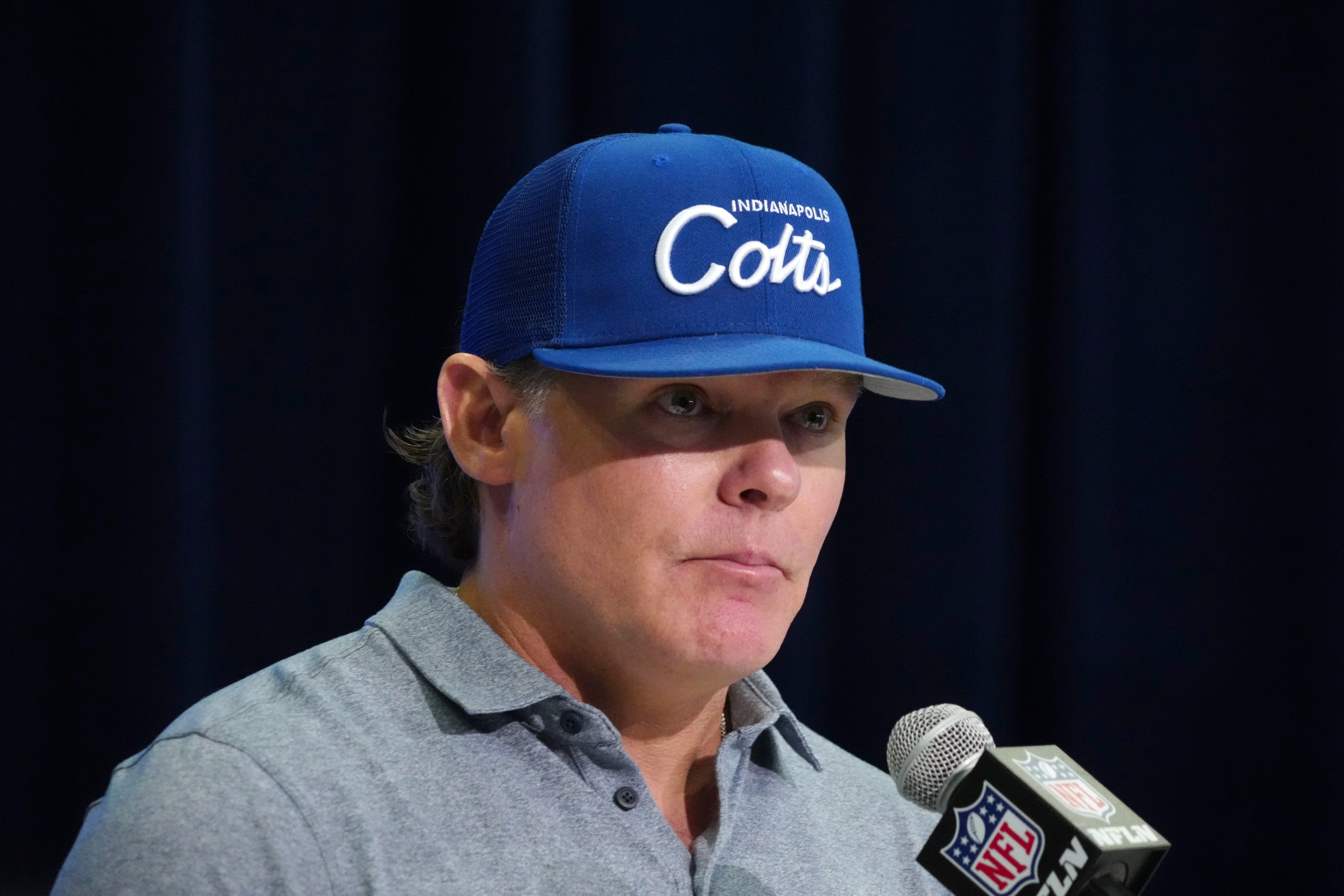 Feb 28, 2024; Indianapolis, IN, USA; Indianapolis Colts general manager Chris Ballard speaks at a press conference at the NFL Scouting Combine at Indiana Convention Center.