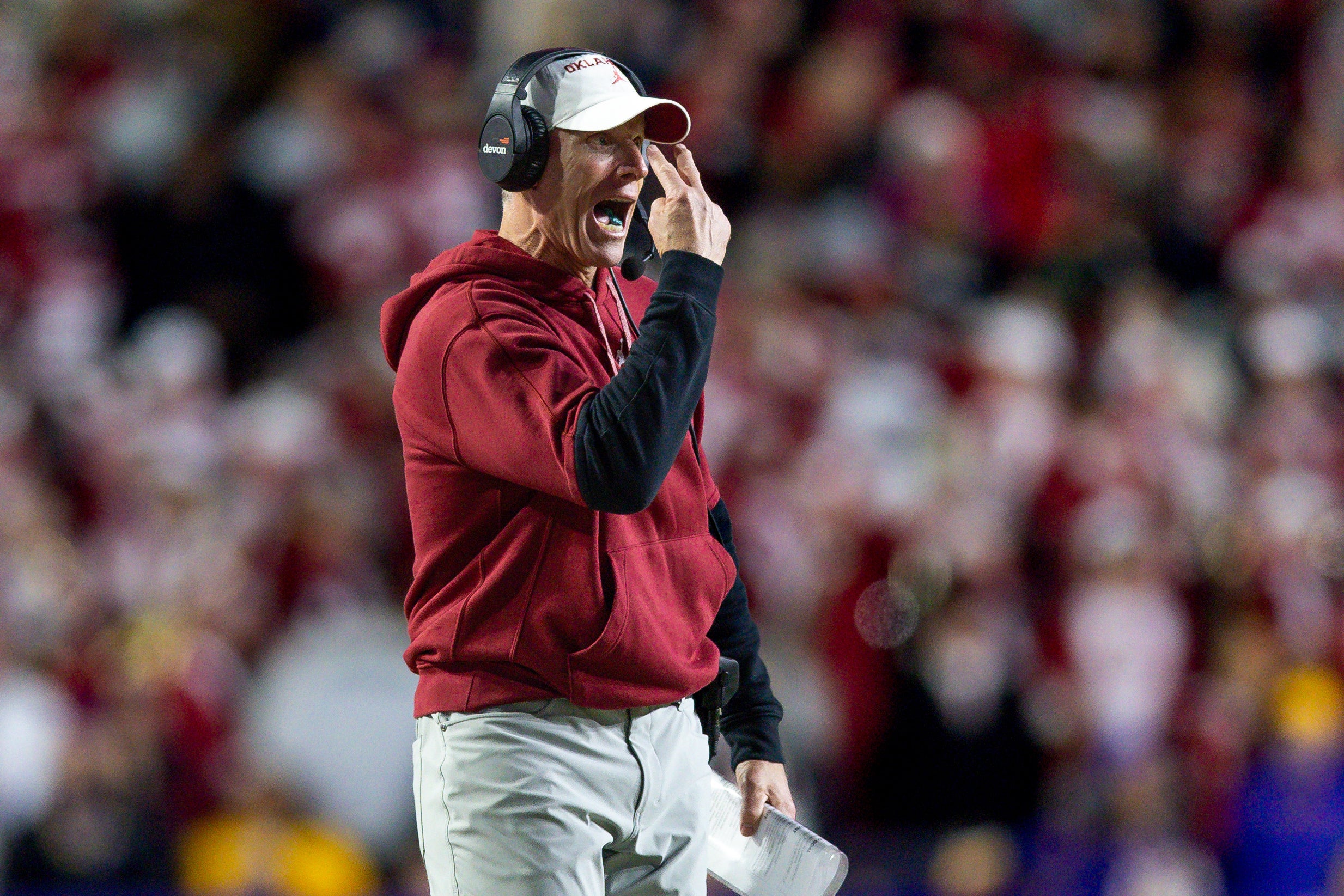 Nov 30, 2024; Baton Rouge, Louisiana, USA; Oklahoma Sooners head coach Brent Venables reacts to a play against the LSU Tigers during the first quarter at Tiger Stadium.