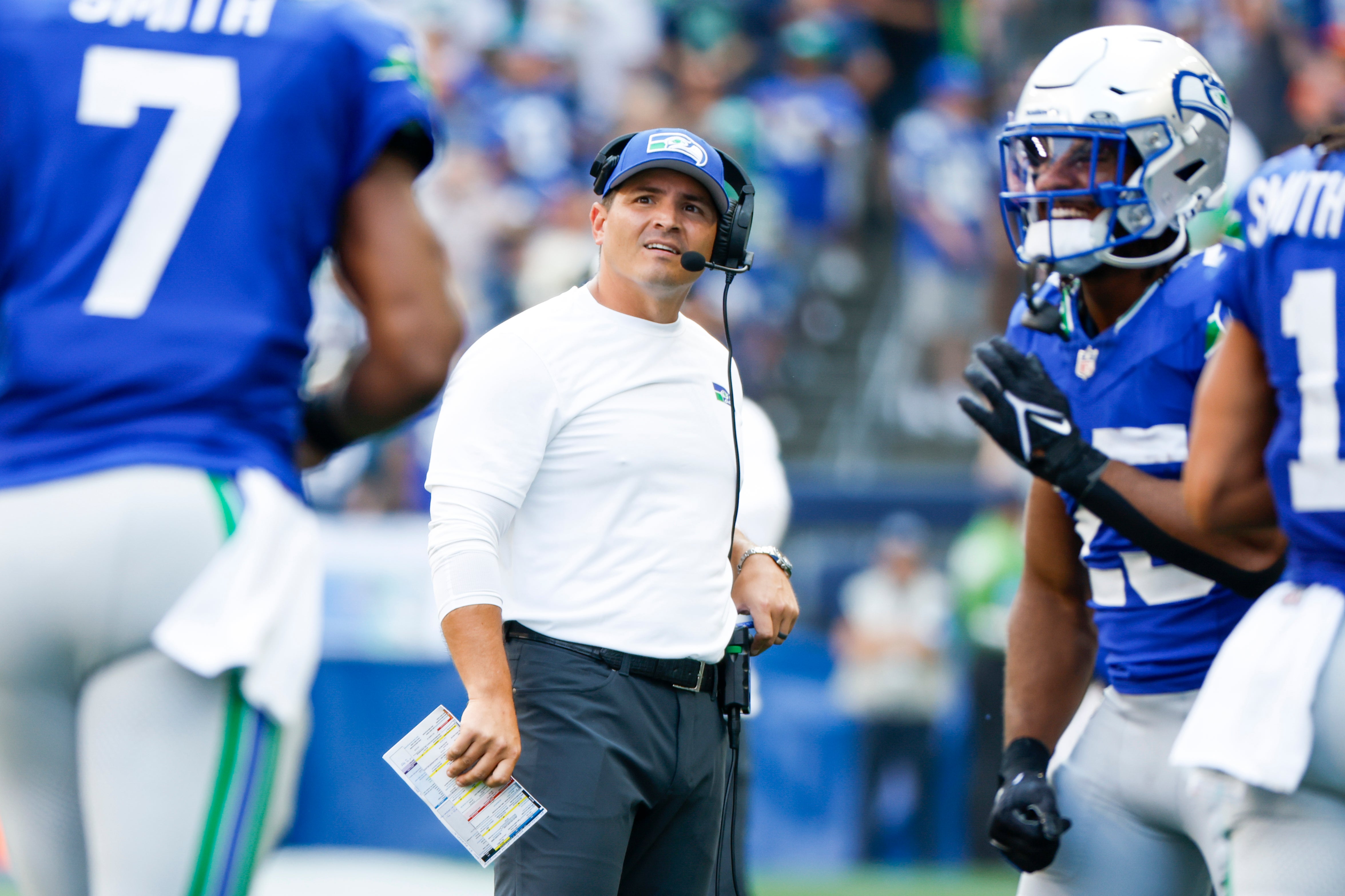 Sep 8, 2024; Seattle, Washington, USA; Seattle Seahawks head coach Mike Macdonald stands on the sideline during the fourth quarter against the Denver Broncos at Lumen Field.