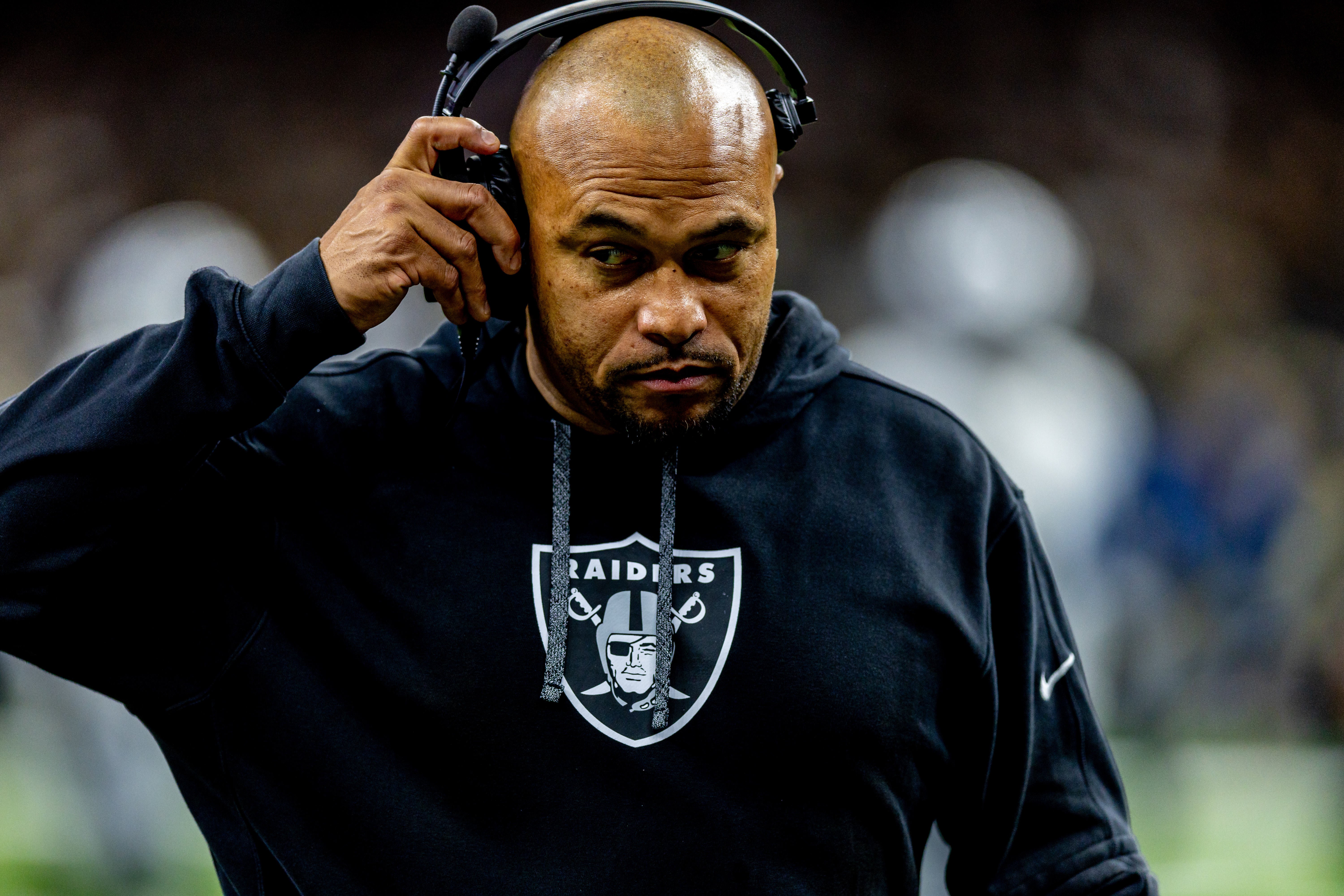 Dec 29, 2024; New Orleans, Louisiana, USA; Las Vegas Raiders head coach Antonio Pierce looks on against the New Orleans Saints during the second half at Caesars Superdome.