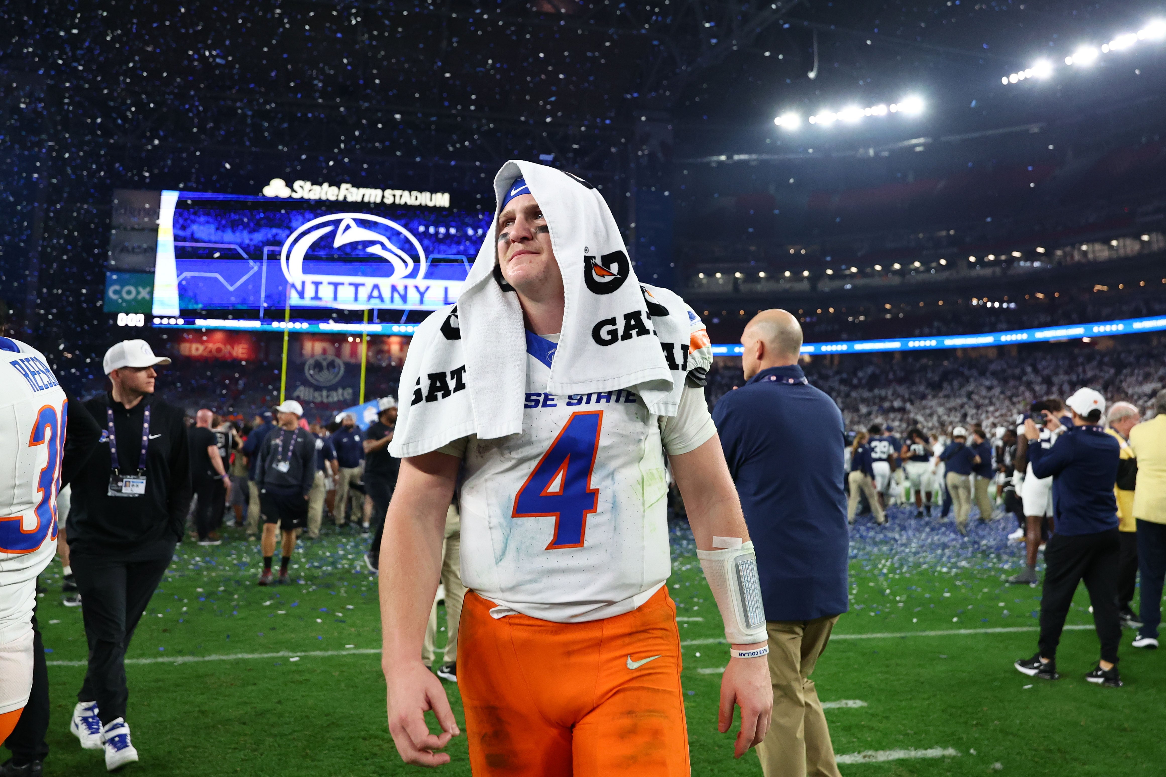 Boise State Broncos quarterback Maddux Madsen (4) reacts after the game against the Penn State Nittany Lions in the Fiesta Bowl at State Farm Stadium.