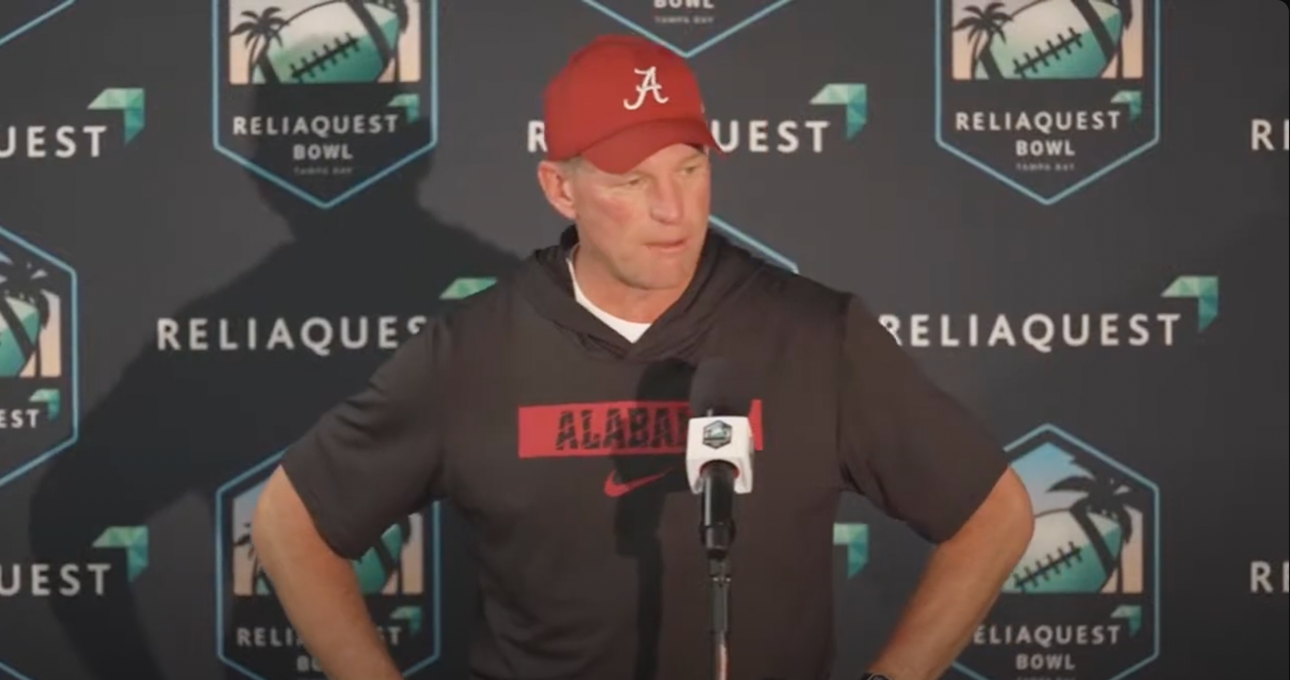 Alabama Crimson Tide HC Kalen DeBoer addresses the media following 13-19 loss against Michigan Wolverines in 2024 ReliaQuest Bowl, 12/31/24