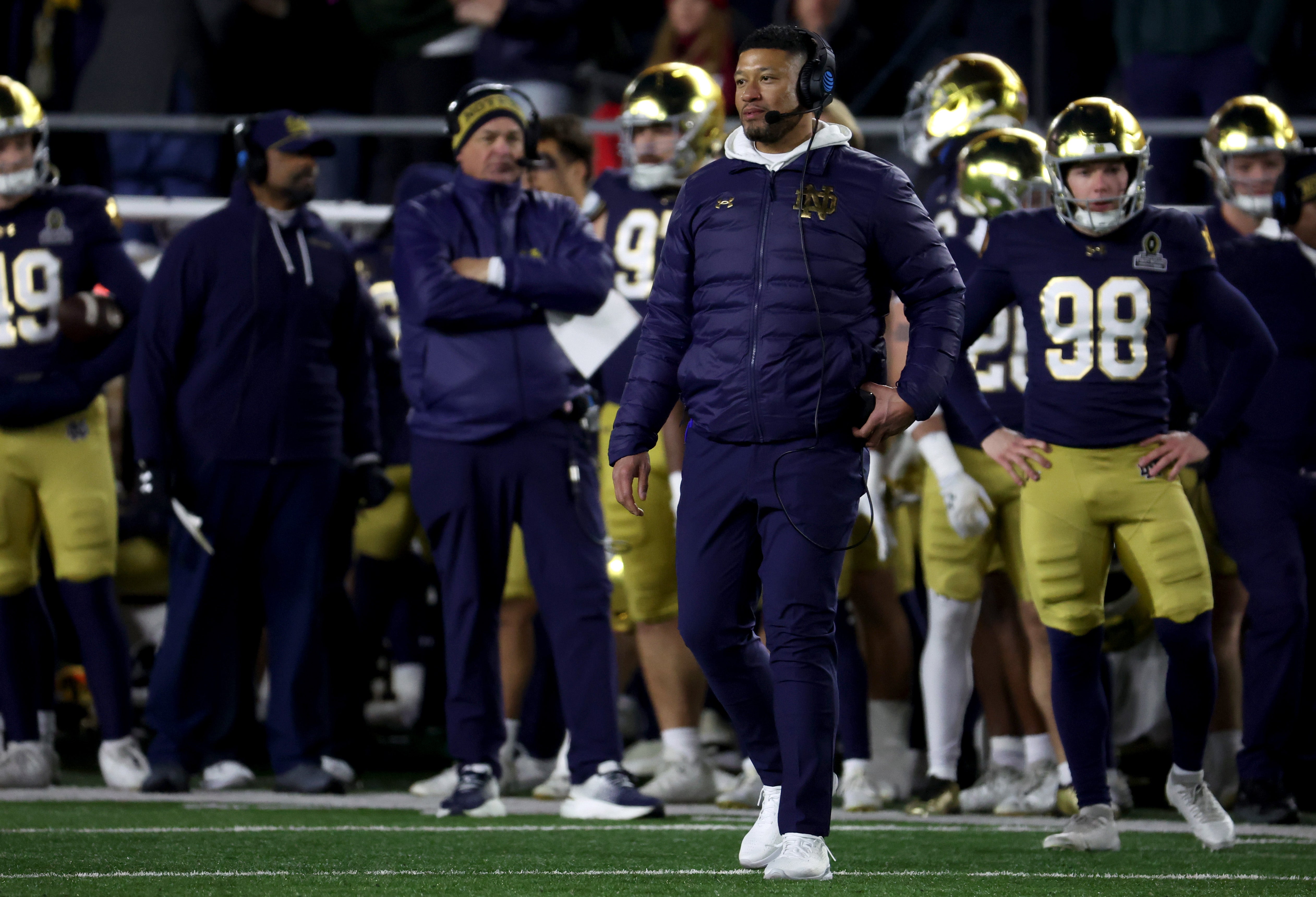 Notre Dame Fighting Irish head coach Marcus Freeman during the second half against the Indiana Hoosiers at Notre Dame Stadium.